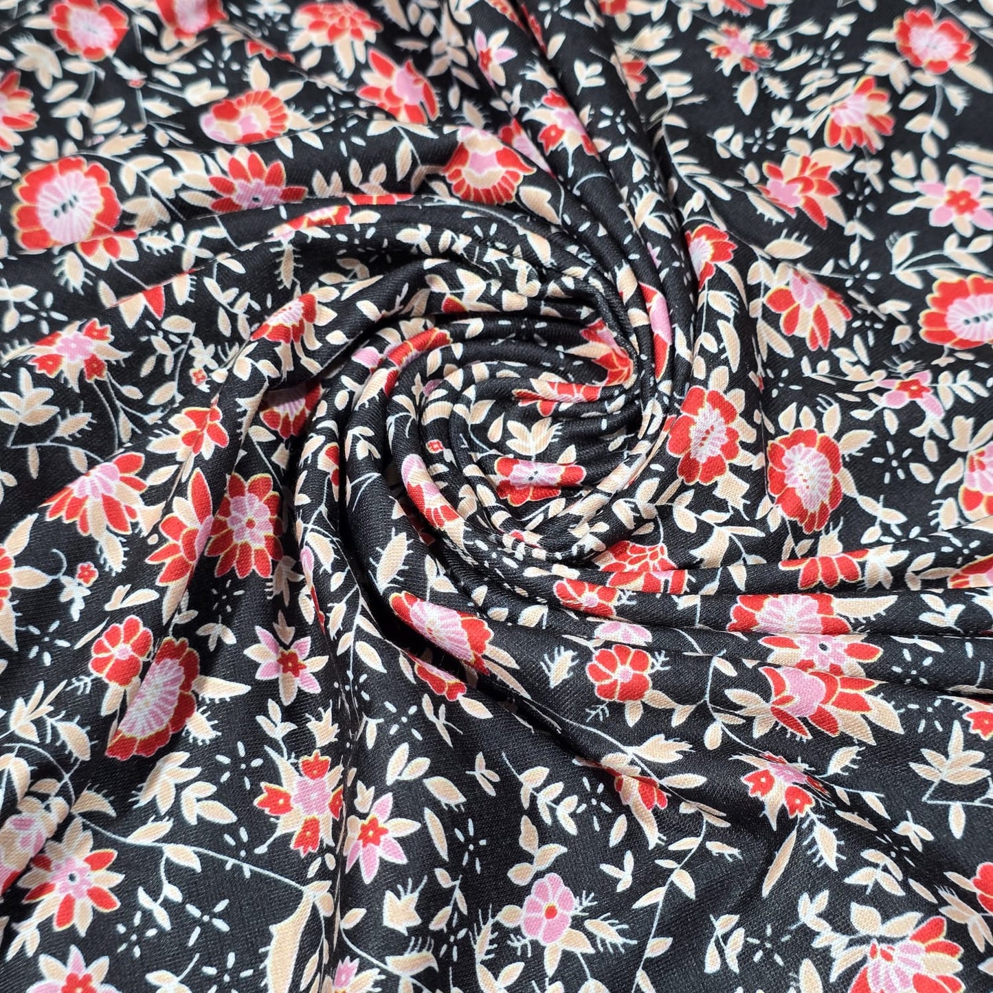 Deadstock Black Floral Viscose Jersey Fabric Pink Coral Ditsy Stretch 58" By Meter