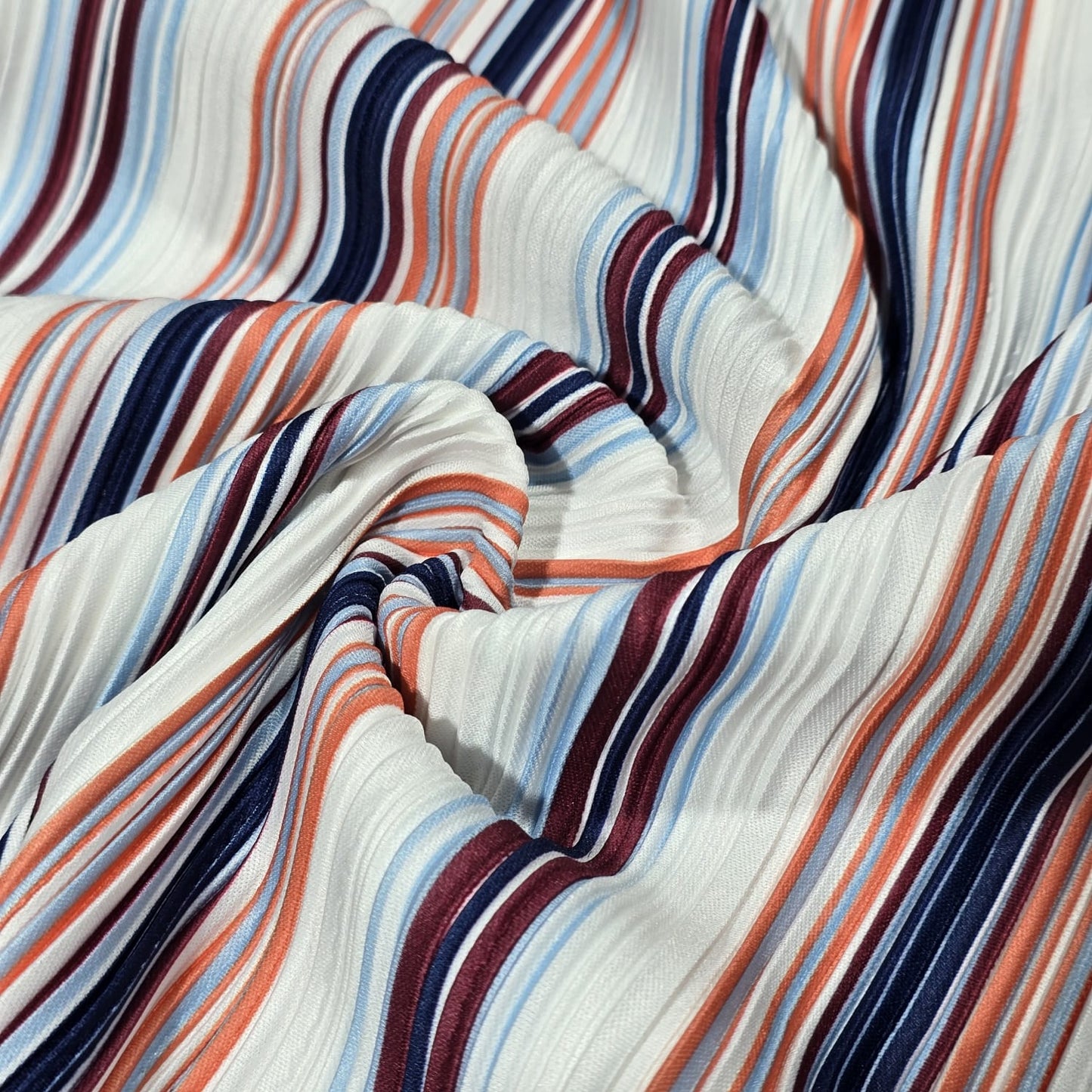 Plissé Stripe Stretch Fabric White Navy Coral Ribbed Dressmaking By The Meter