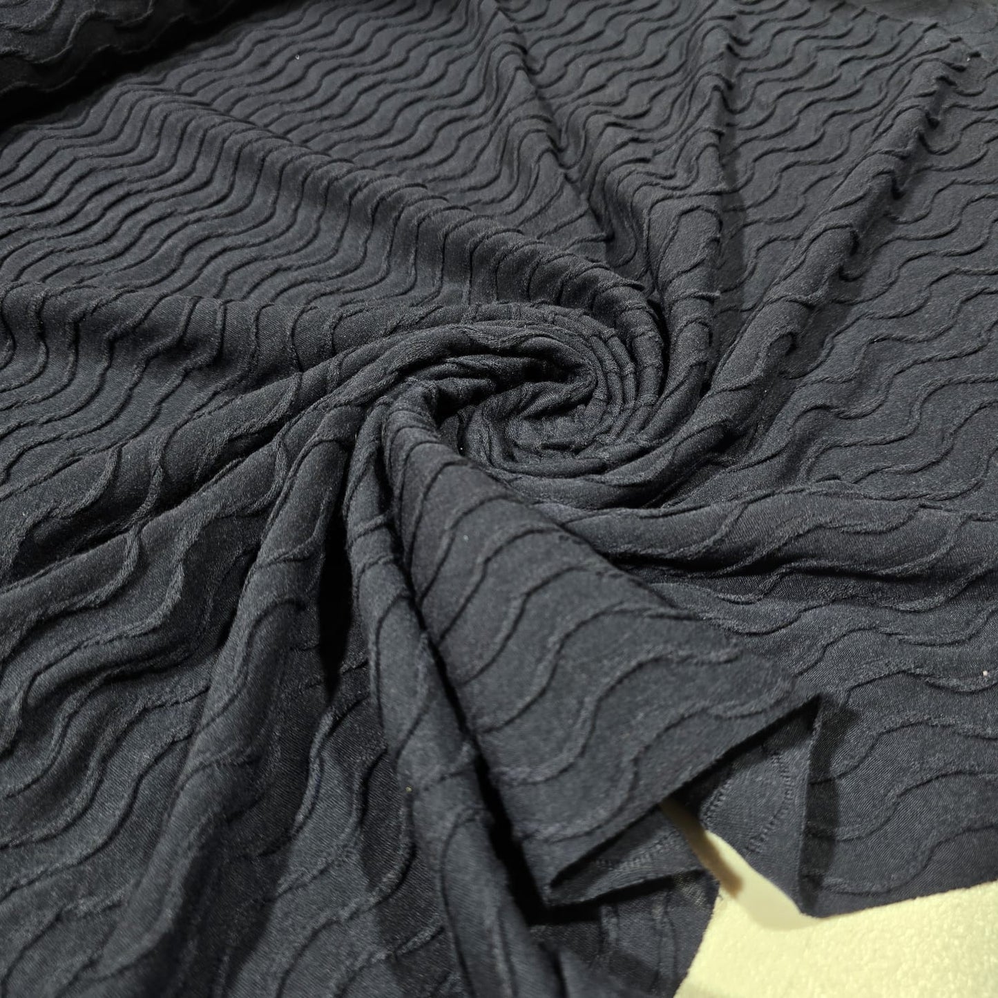 Navy Blue Textured Wave Ribbed Jersey Fabric Stretch Dressmaking Material By The Meter