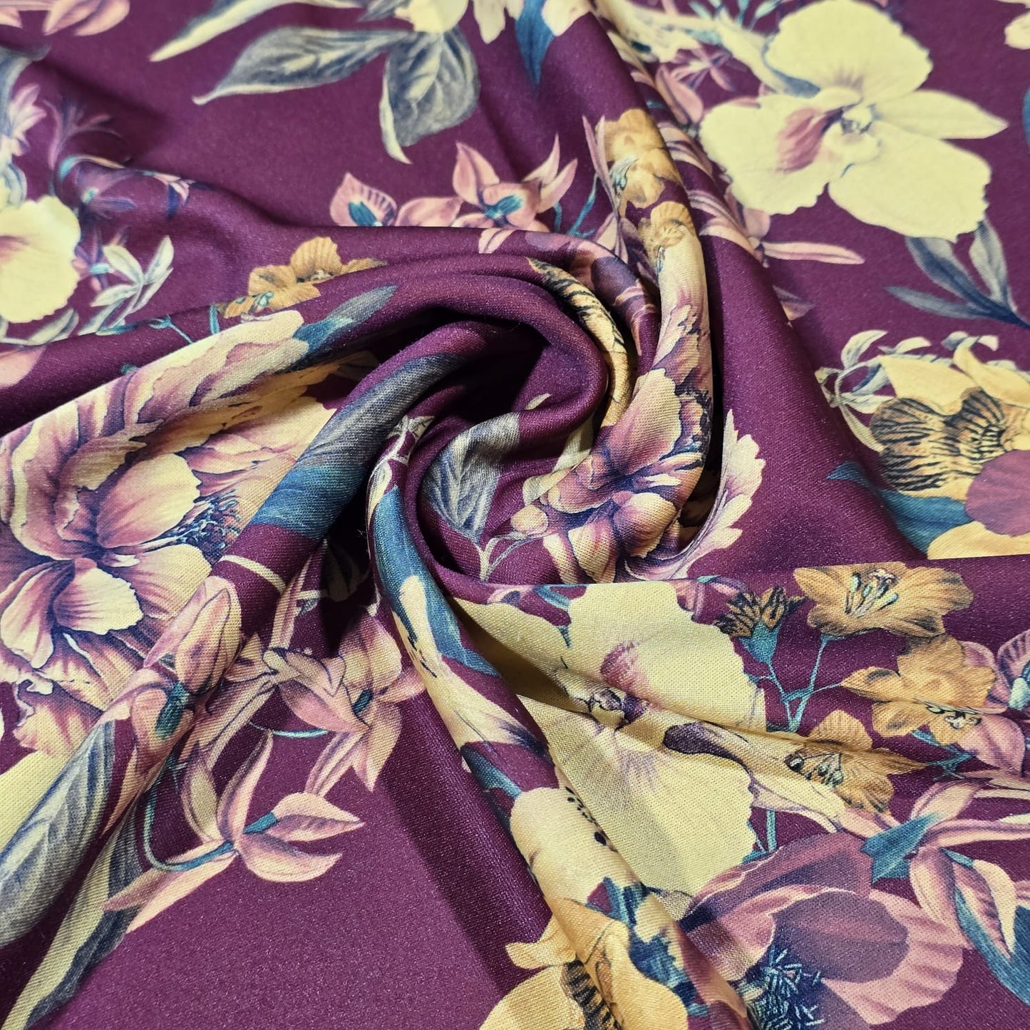 Plum Floral Scuba Crepe Fabric 58" Stretch Dressmaking Material By The Meter