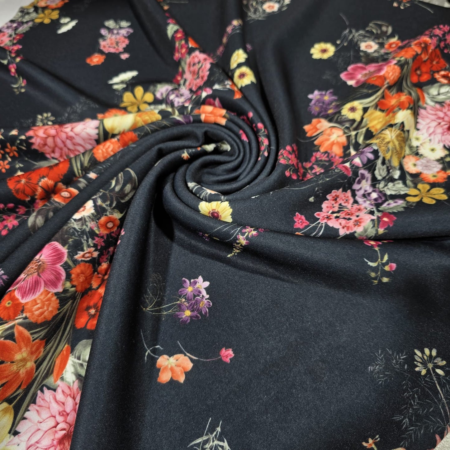 Black Floral Scuba Crepe Fabric 58" Stretch Dressmaking Material By The Meter