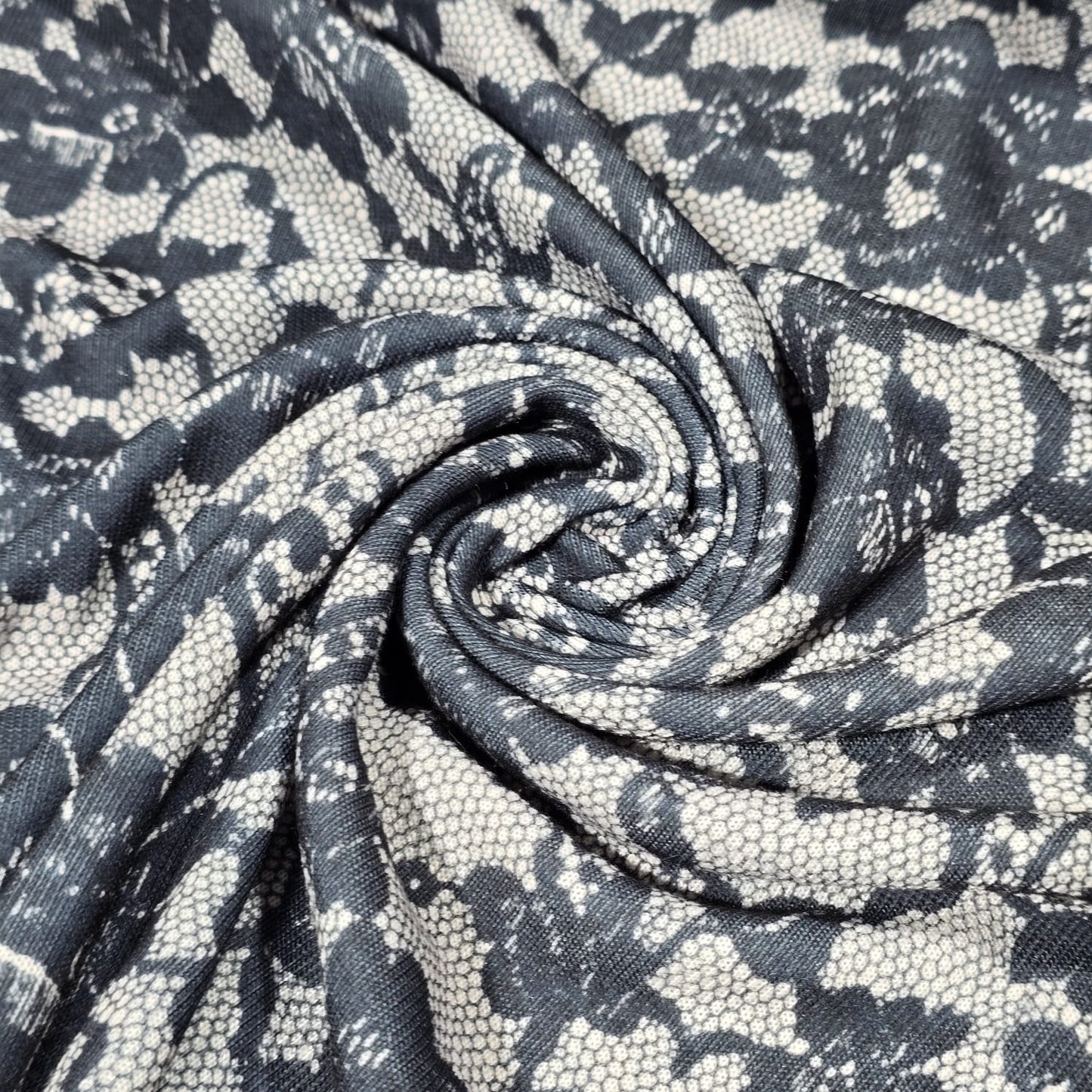 Premium Viscose Jersey Fabric – Black & Ivory Lace Print | 58" Wide | Sold by the Metre