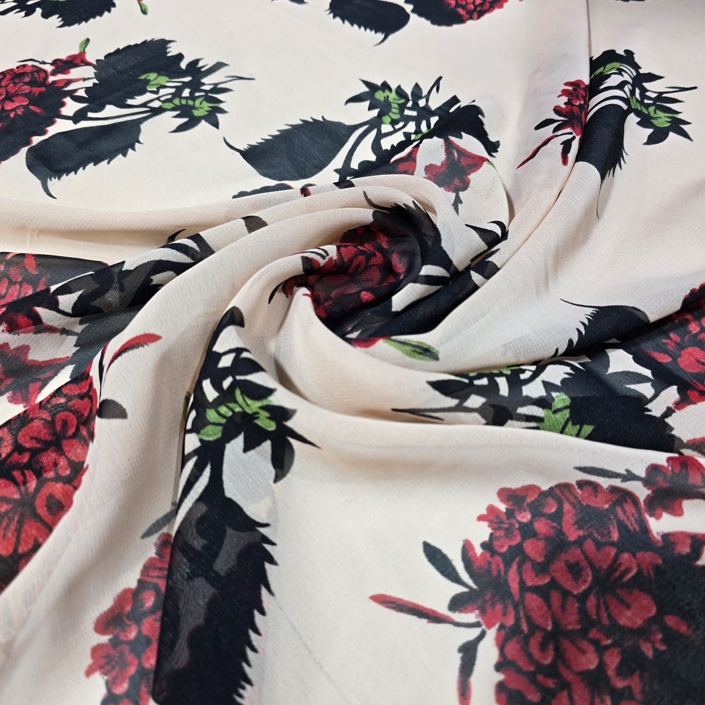 Floral Chiffon Fabric – Beige with Red Floral Print | 44" Wide | Sold by the Metre