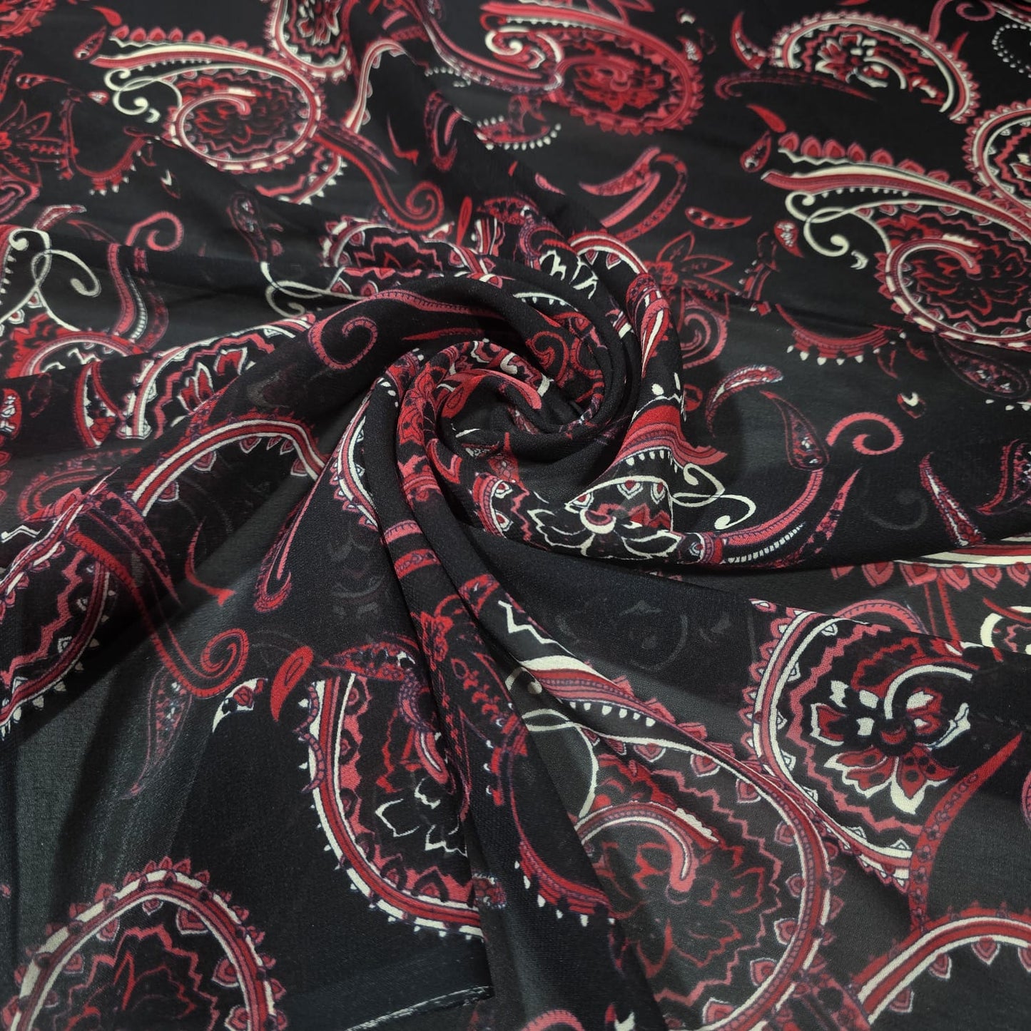 Black & Red Paisley Chiffon Fabric – 44" Wide | Sold by the Metre