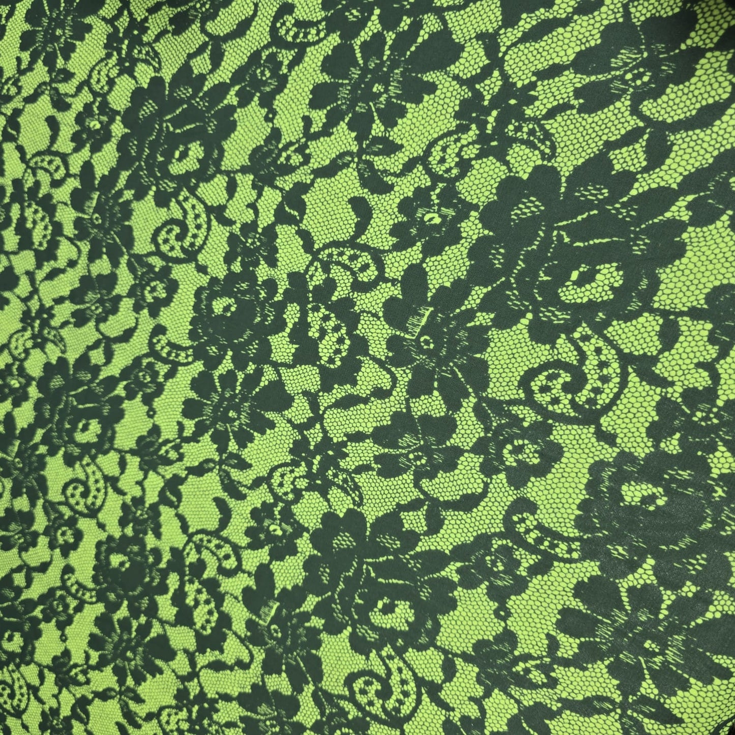 Neon Green & Black Floral Lace Print Chiffon Fabric – 58" Wide | Lightweight Printed Dress Material | Soft Sheer Fabric | By the Meter