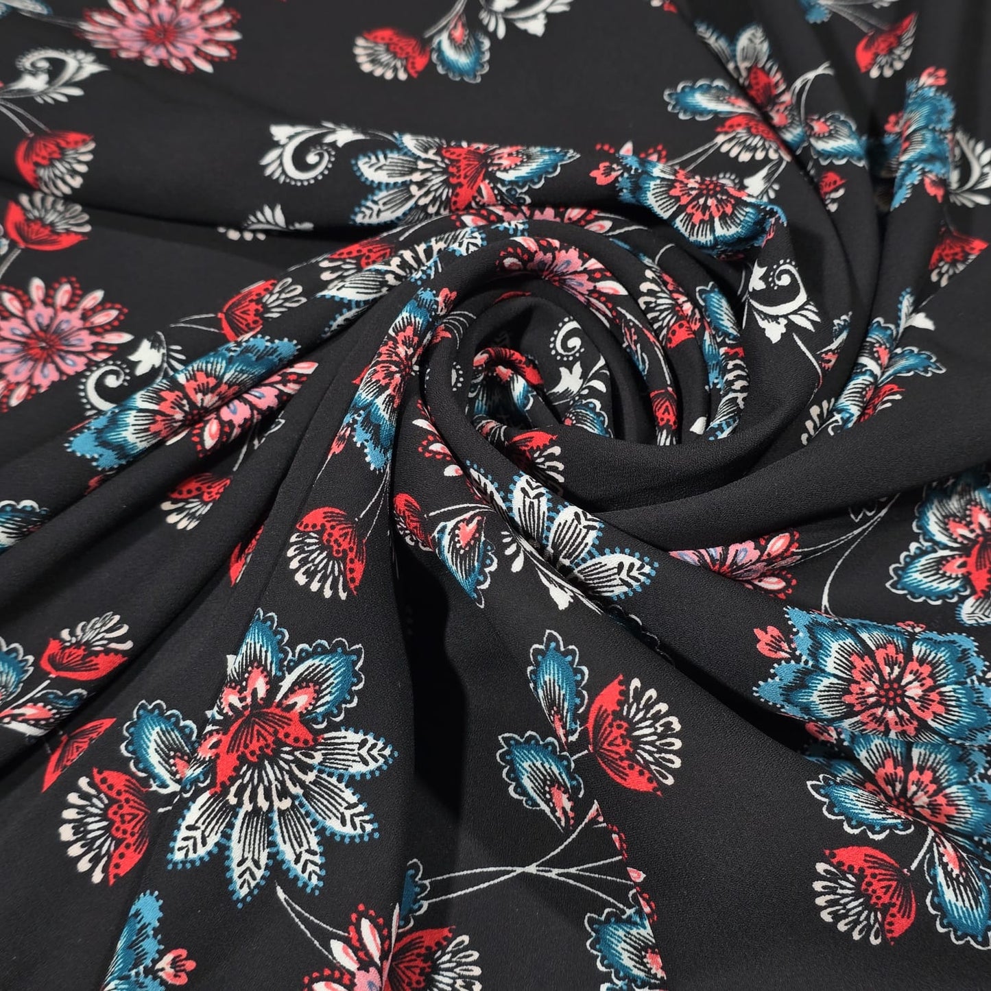 Elegant Floral Chiffon Fabric – Blue & Coral Flower Print on Black | Soft Lightweight Dress Material | 58" Wide | By the Meter