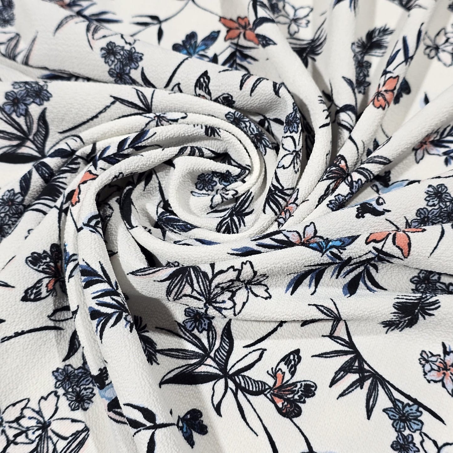 Elegant Botanical Floral Crepe Fabric – White Floral & Butterfly Print Dress Material | Soft Lightweight Fabric | 58" Wide | By the Meter