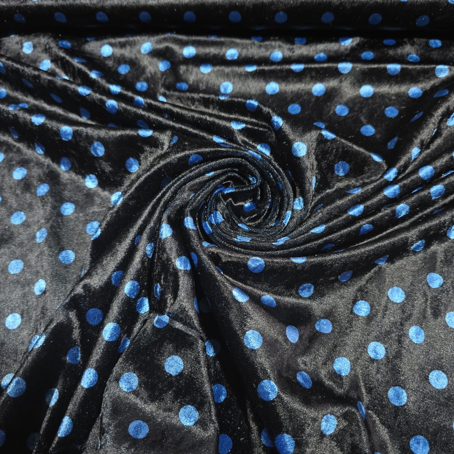 Black Blue Polka Dot Velour Stretch Fabric | Soft Velvet Jersey Material | 58" Wide Dress Fabric | Sold by the Metre