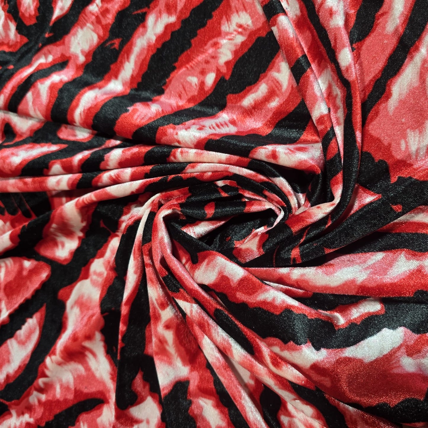 Red Zebra Print Stretch Velour Fabric – Soft Velvet Jersey 58" Wide | Animal Print Dress Fabric | Sold by the Metre