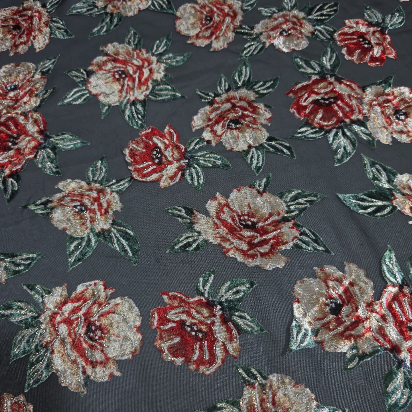 Black Floral Burnout Velvet Mesh Fabric – Devoré Rose Sheer Dress Fabric 58" Wide | Luxury Evening Fabric | Sold by the Metre