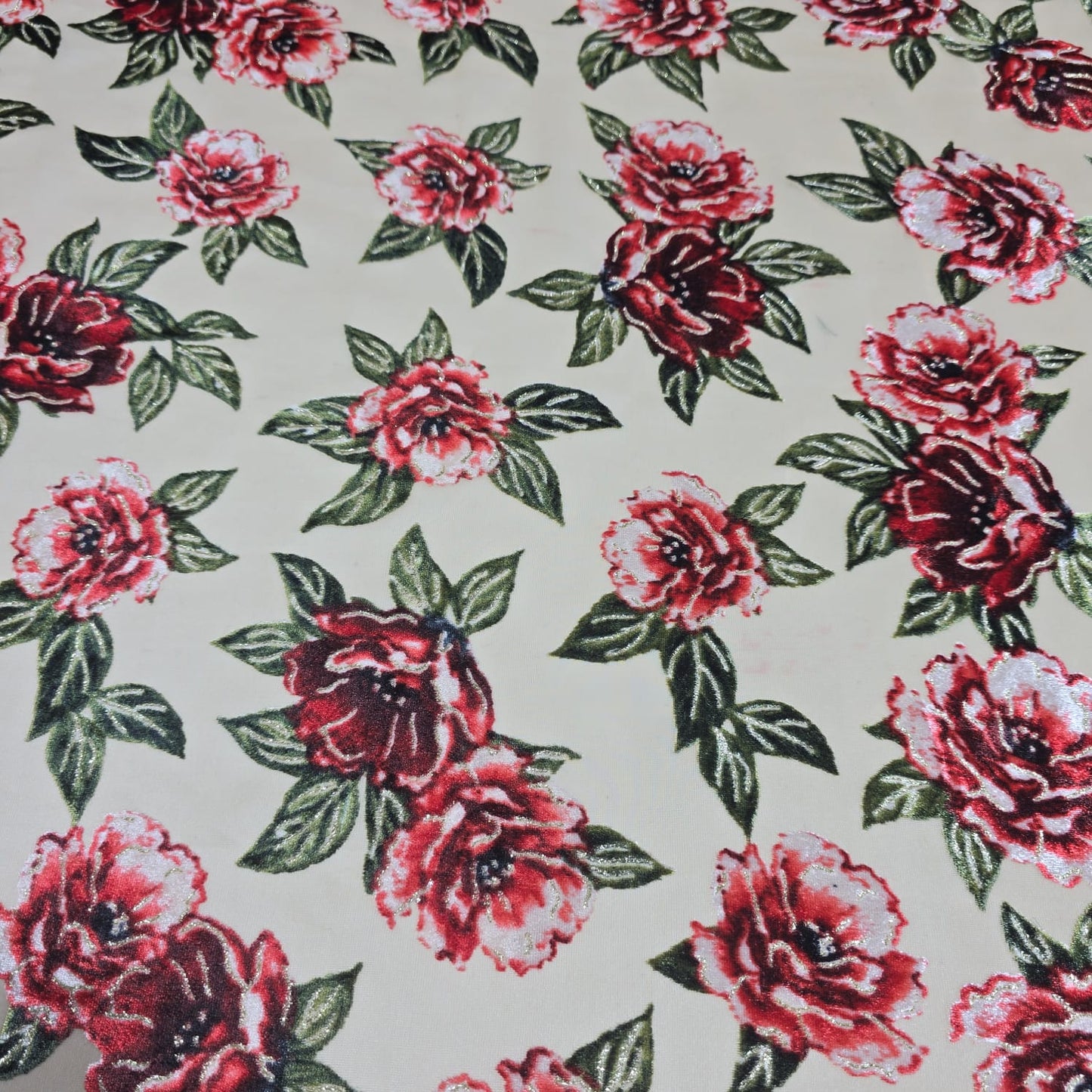 Beige Floral Burnout Velvet Mesh Fabric – Devoré Rose Sheer Dress Fabric 58" Wide | Luxury Evening Fabric | Sold by the Metre