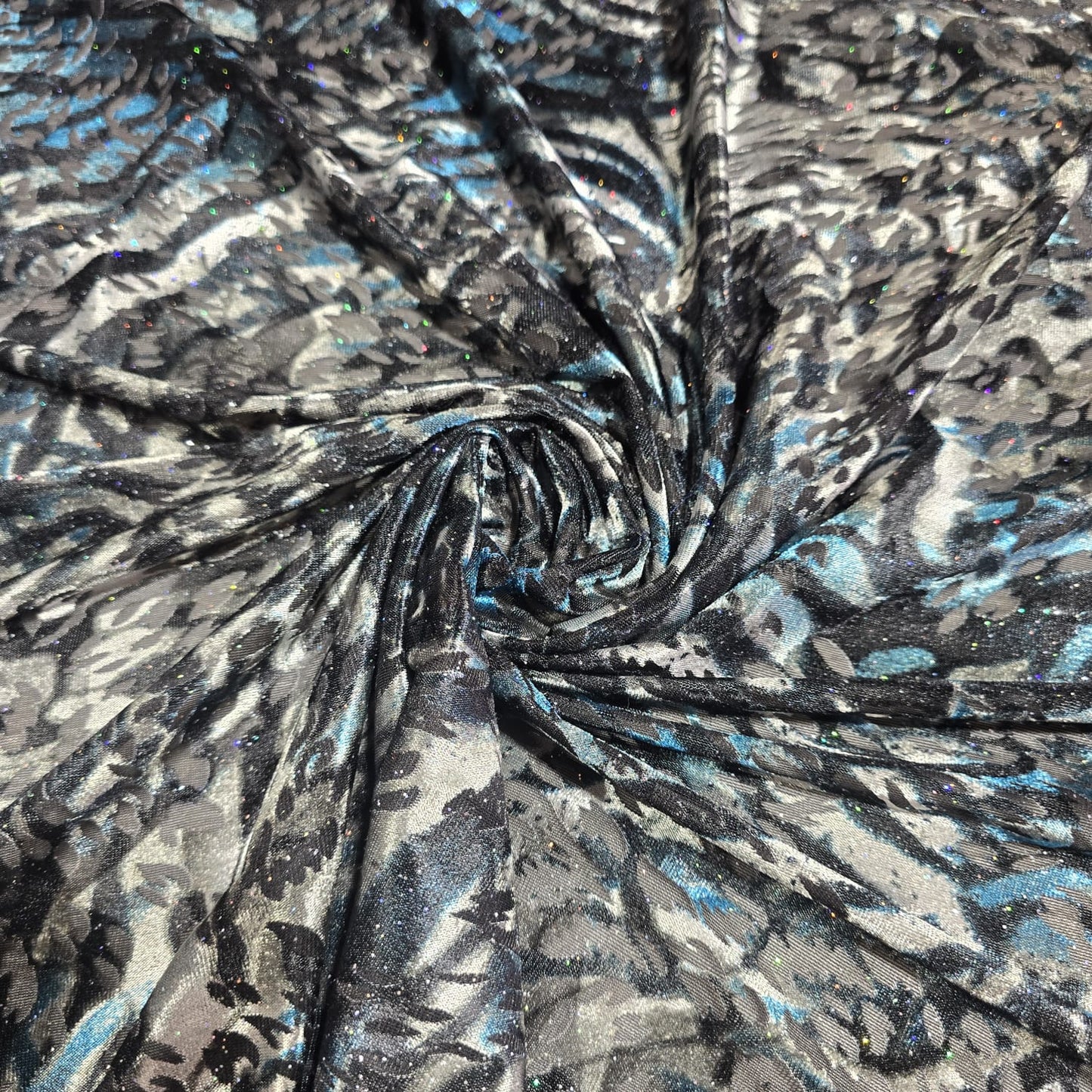 Black Silver Blue Glitter Velour Devoré Stretch Fabric – Burnout Velvet Dress Fabric 58" Wide | Luxury Stretch Fabric | Sold by the Metre
