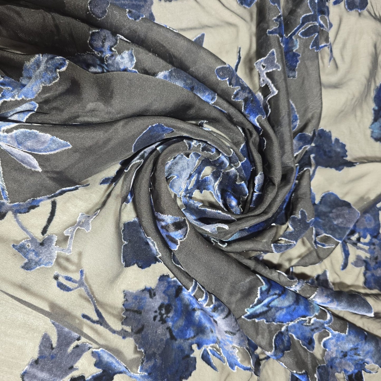 Black Blue Floral Burnout Velvet Mesh Fabric – Sheer Devoré Dress Fabric 58" Wide | Luxury Evening & Bridal Fabric | Sold by the Metre
