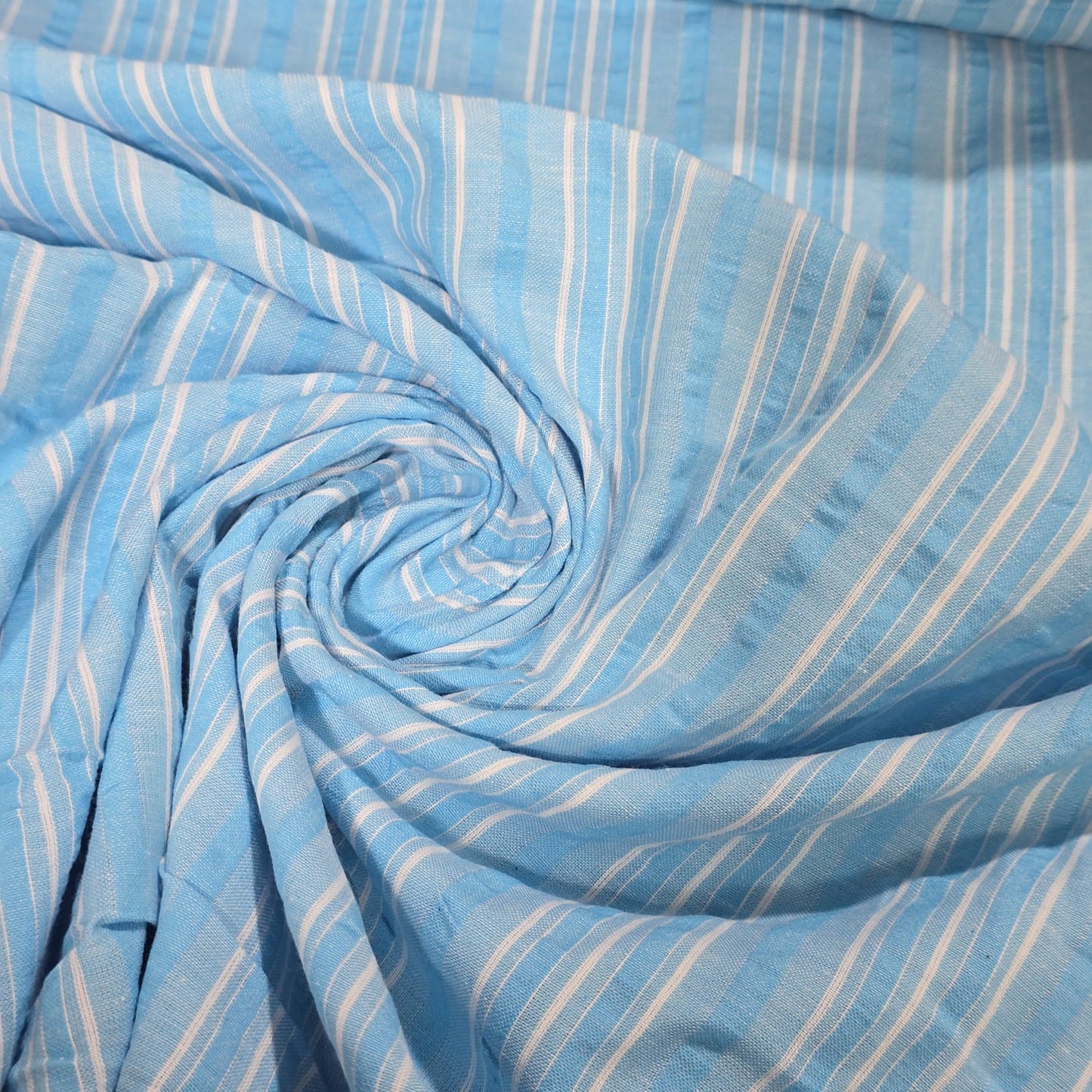 Sky Blue Striped Seersucker Fabric – 58" Wide | Lightweight Cotton Blend Dressmaking Fabric | Sold by the Metre