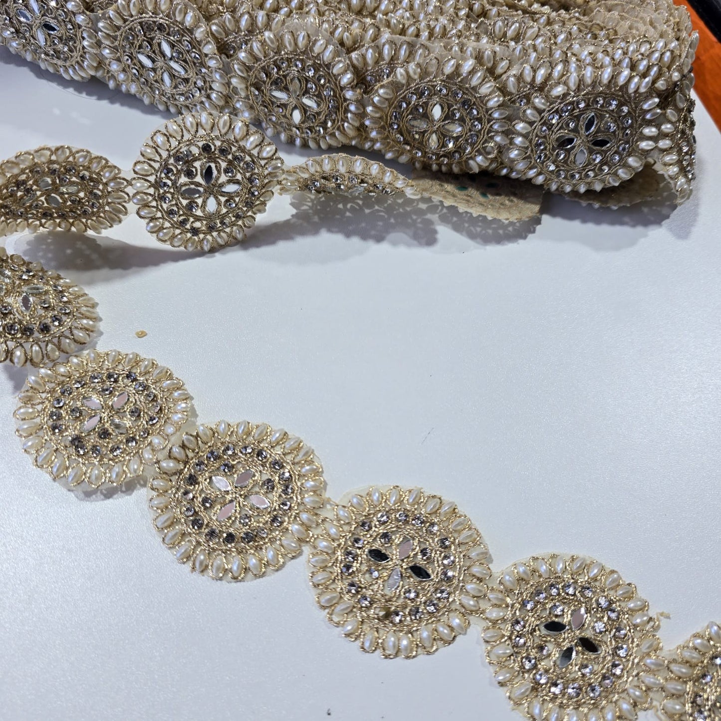 9 Metre Pearl & Crystal Embellished Lace Trim | Luxury Bridal Saree Border Wedding Dress Ribbon