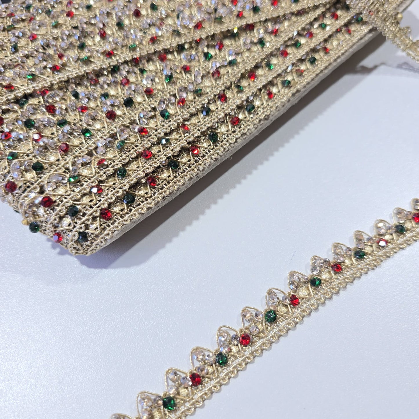 9 Metre Gold Multicolour Crystal Rhinestone Lace Trim | Bridal Saree Border Embellishment Ribbon