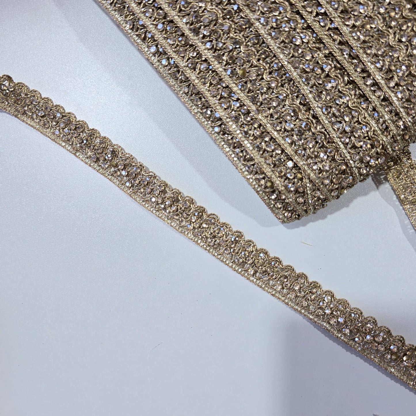 9 Metre Luxury Gold Crystal Rhinestone Scalloped Lace Trim Bridal Wedding Dress Border Ribbon Embellishment