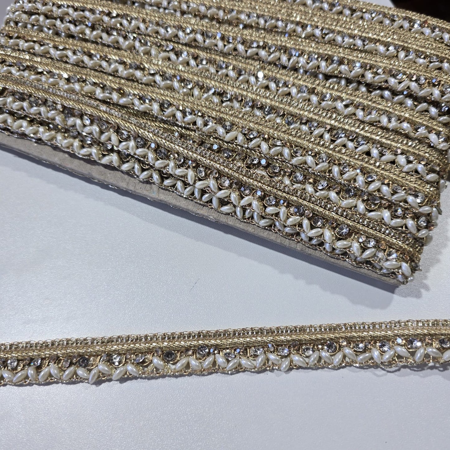 9 Metre Pearl & Crystal Embellished Lace Trim | Gold Bridal Saree Border Wedding Dress Decorative Ribbon