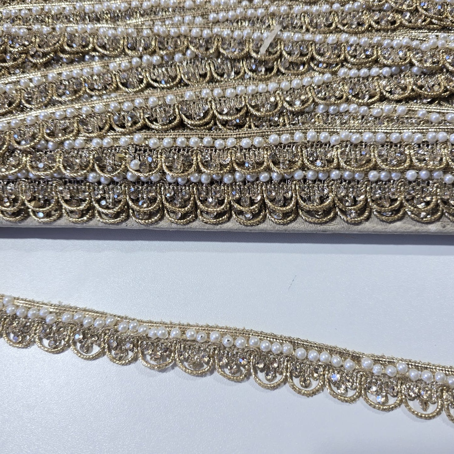 9 Metre Gold Pearl & Crystal Embroidered Lace Trim | Bridal Saree Border Wedding Dress Decorative Ribbon
