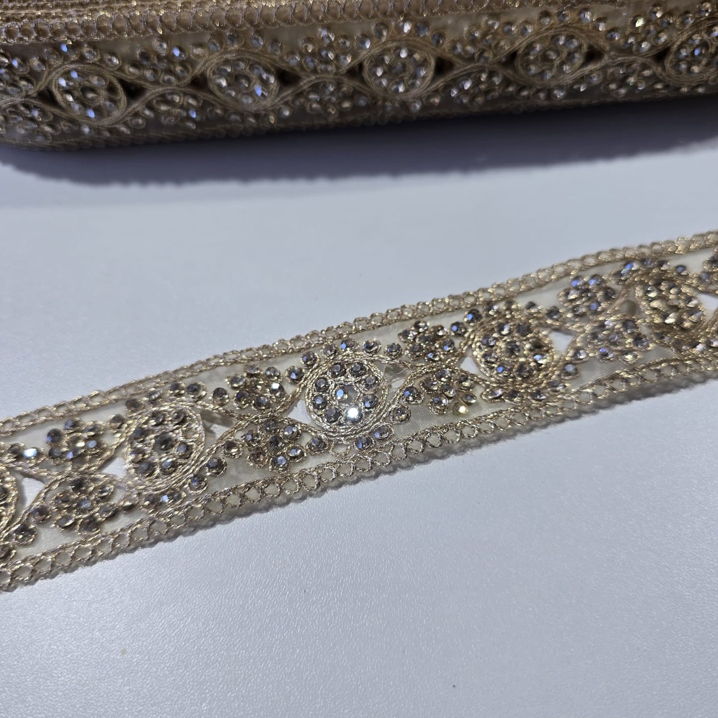 9 Metre Gold Crystal Embroidered Lace Trim | Luxury Floral Rhinestone Bridal Border for Saree, Dress & Craft