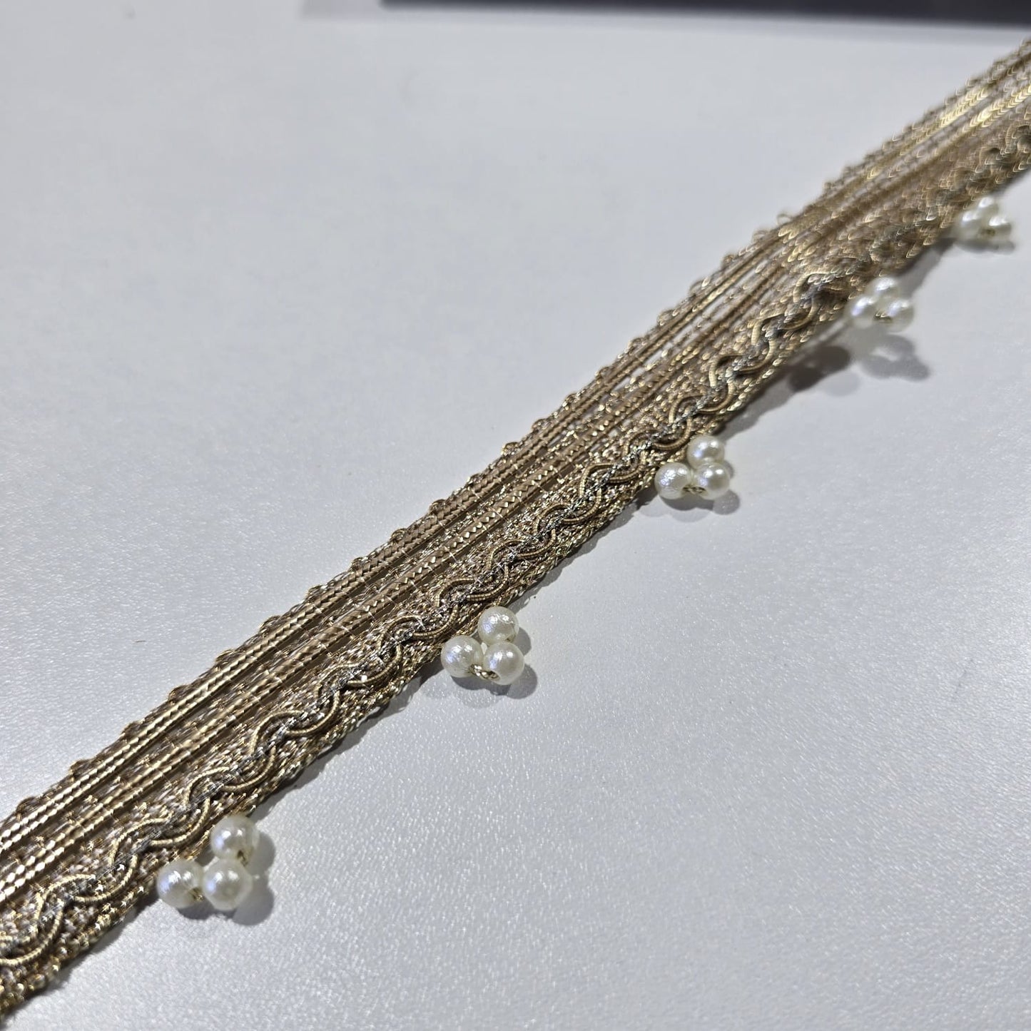 Luxury Gold Pearl Drop Embroidered Lace Trim Border | Bridal Wedding Saree Decorative Trim by 9 Metres