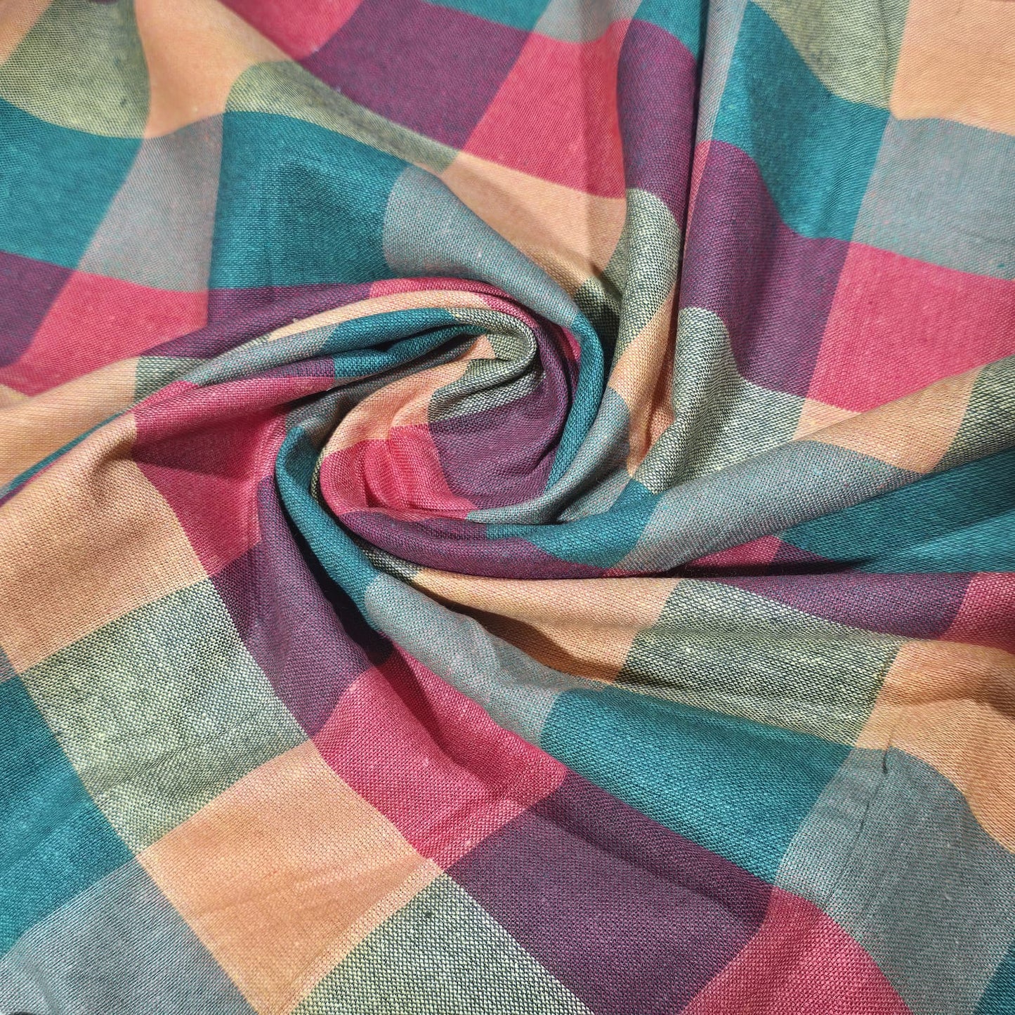Cotton Linen Large Check Fabric Teal Pink Peach | 44 Inch Wide Dress Fabric by the Metre