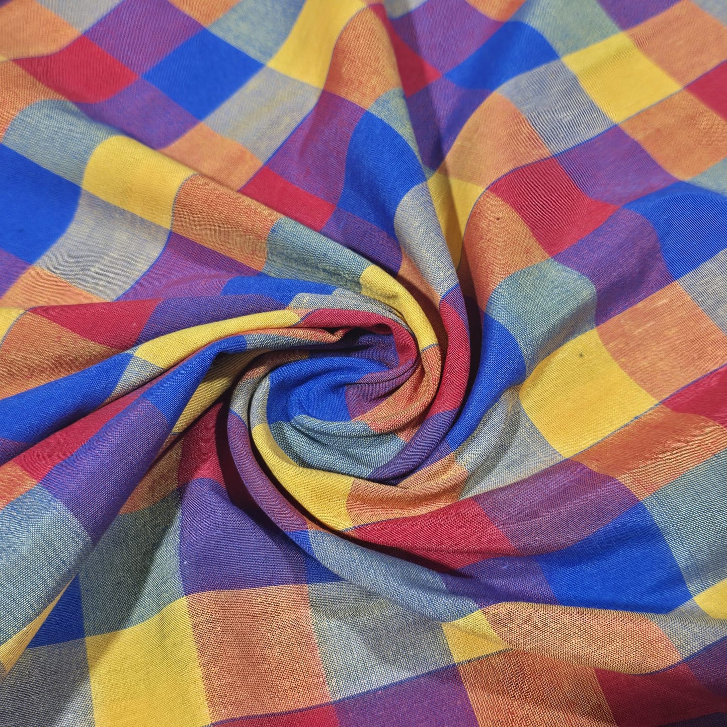 Cotton Linen Large Check Fabric Royal Blue Mustard Red | 44 Inch Wide Dress Fabric by the Metre