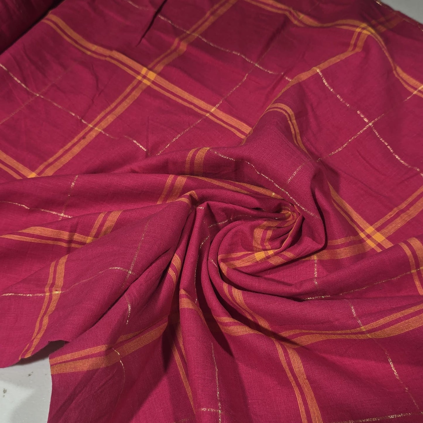 Cotton Linen Metallic Windowpane Check Fabric Magenta Pink Gold | 44 Inch Wide Fabric by the Metre