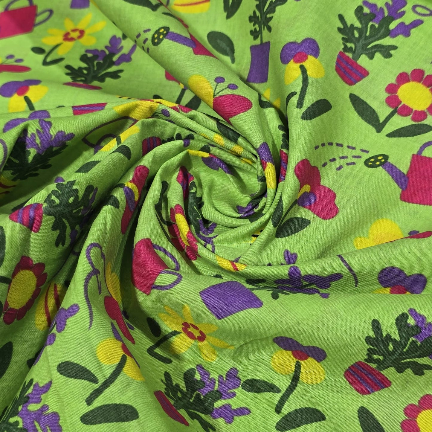 Premium 100% Cotton Lawn Fabric – Green Garden & Watering Can Print – 58" (147cm) Wide by the Metre