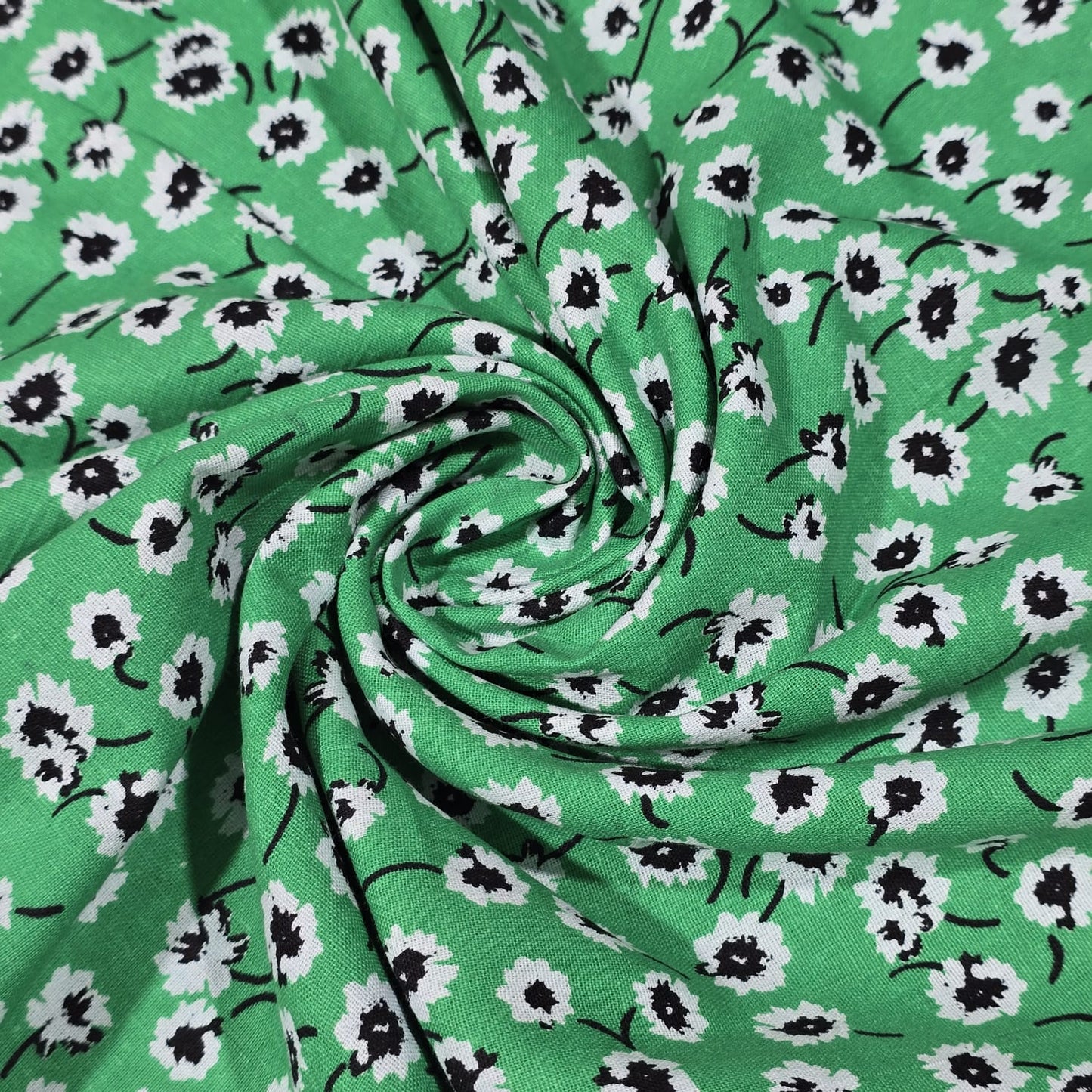 Premium Cotton Linen Blend Fabric – Emerald Green Ditsy Daisy Print – 58" (147cm) Wide by the Metre