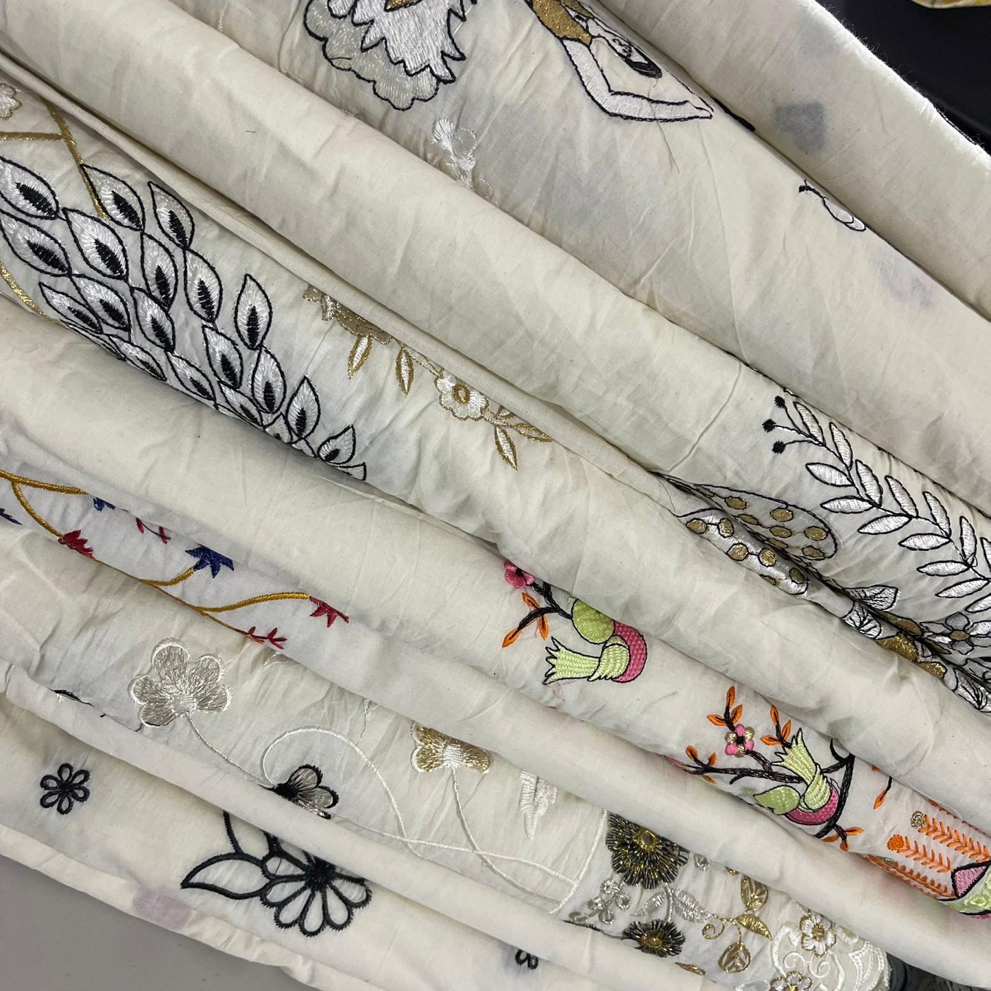 Cotton Embroidery Fabric Floral Golden Zari Metallic Dress Craft Material 44" Wide