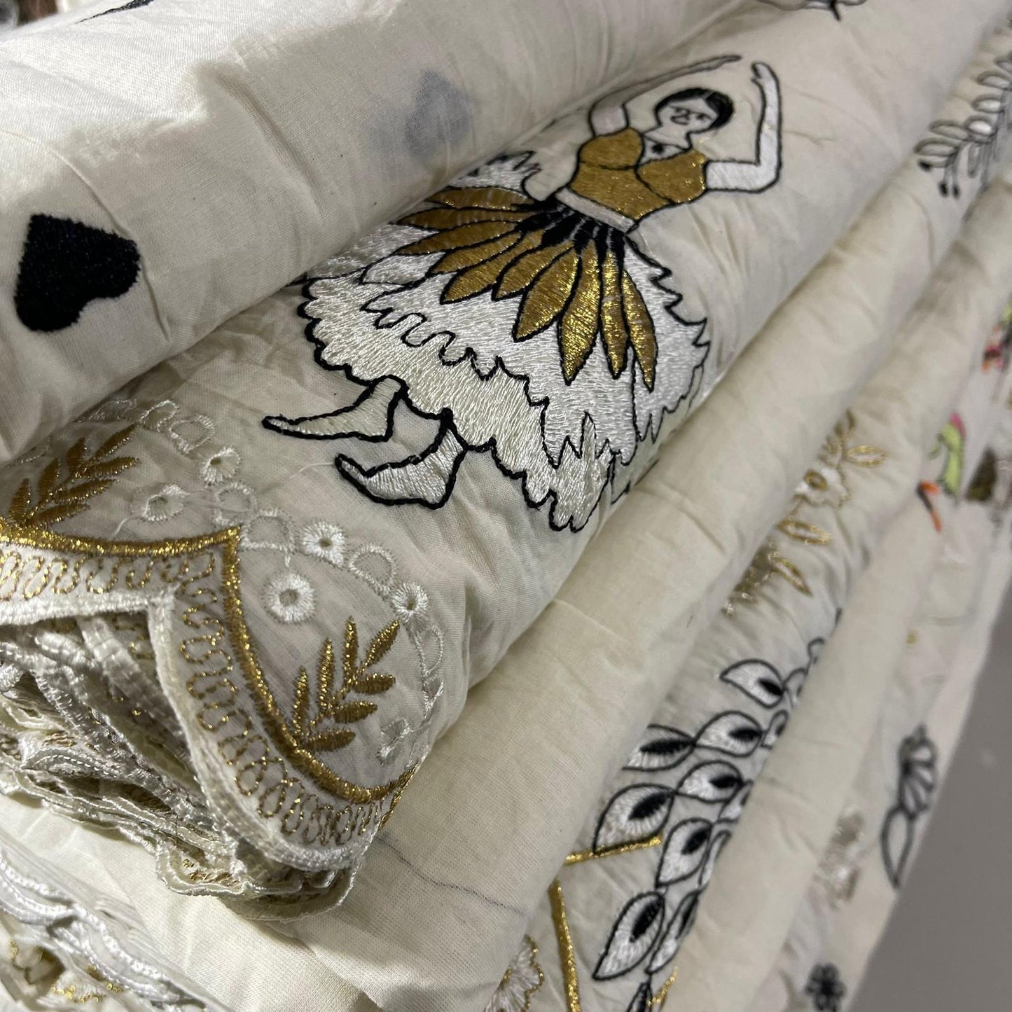 Cotton Embroidery Fabric Floral Golden Zari Metallic Dress Craft Material 44" Wide