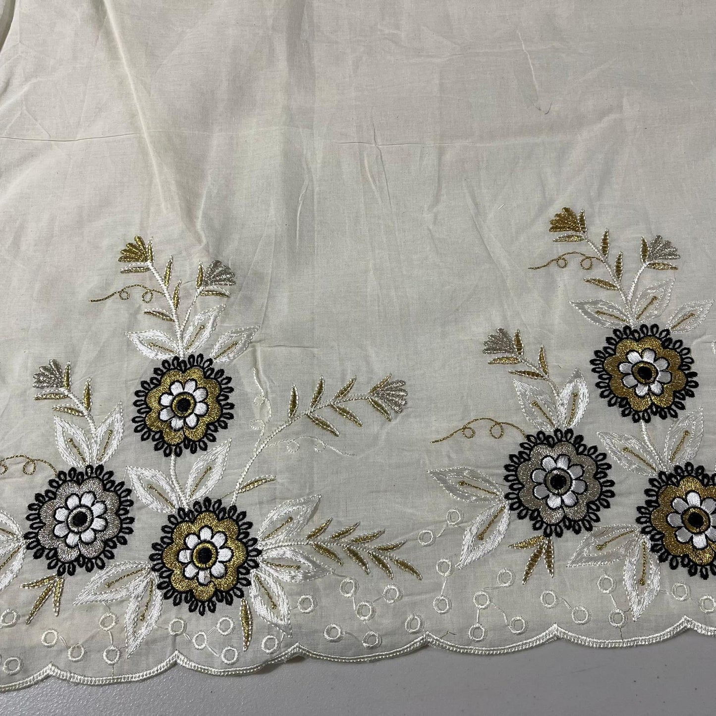 Cotton Embroidery Fabric Floral Golden Zari Metallic Dress Craft Material 44" Wide