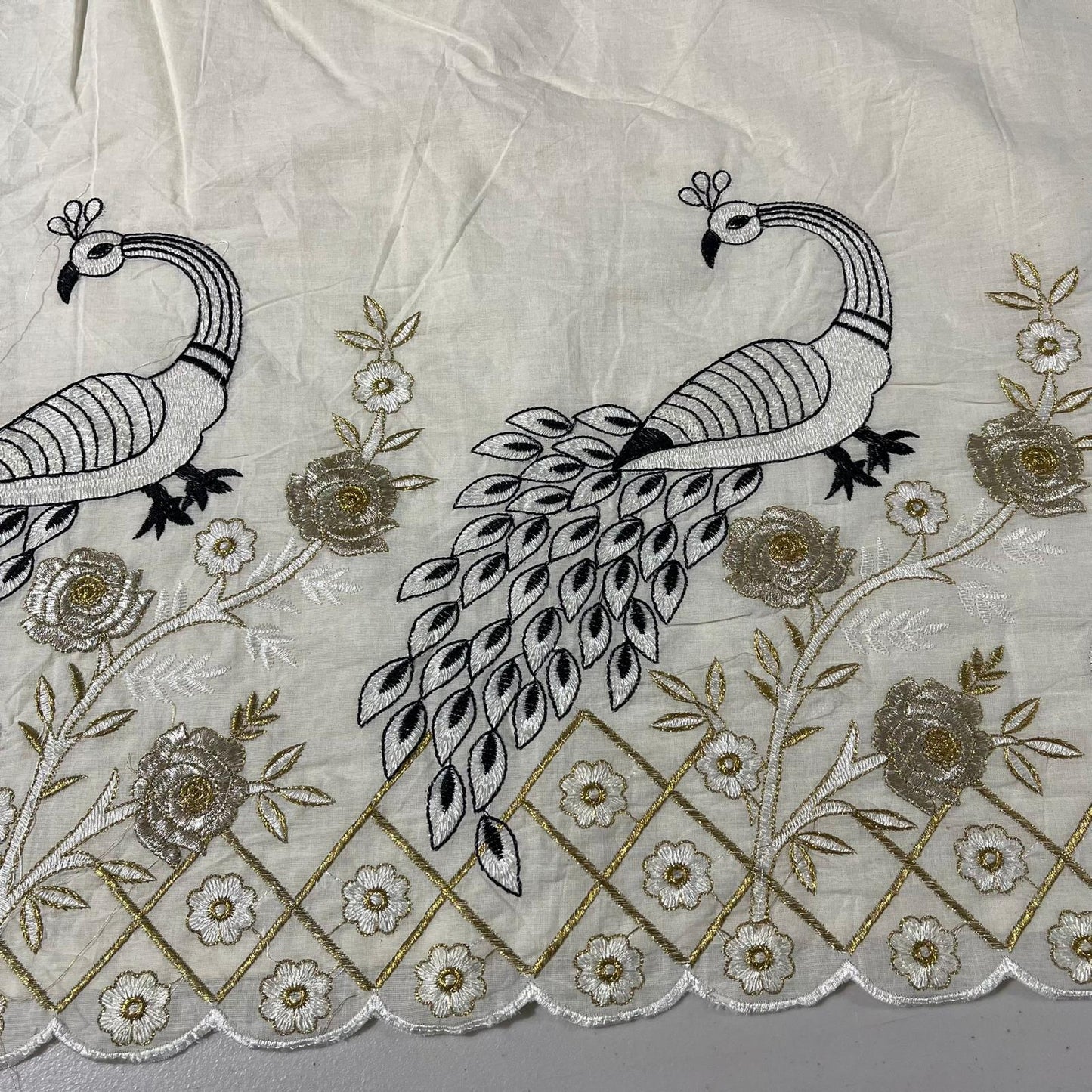Cotton Embroidery Fabric Floral Golden Zari Metallic Dress Craft Material 44" Wide