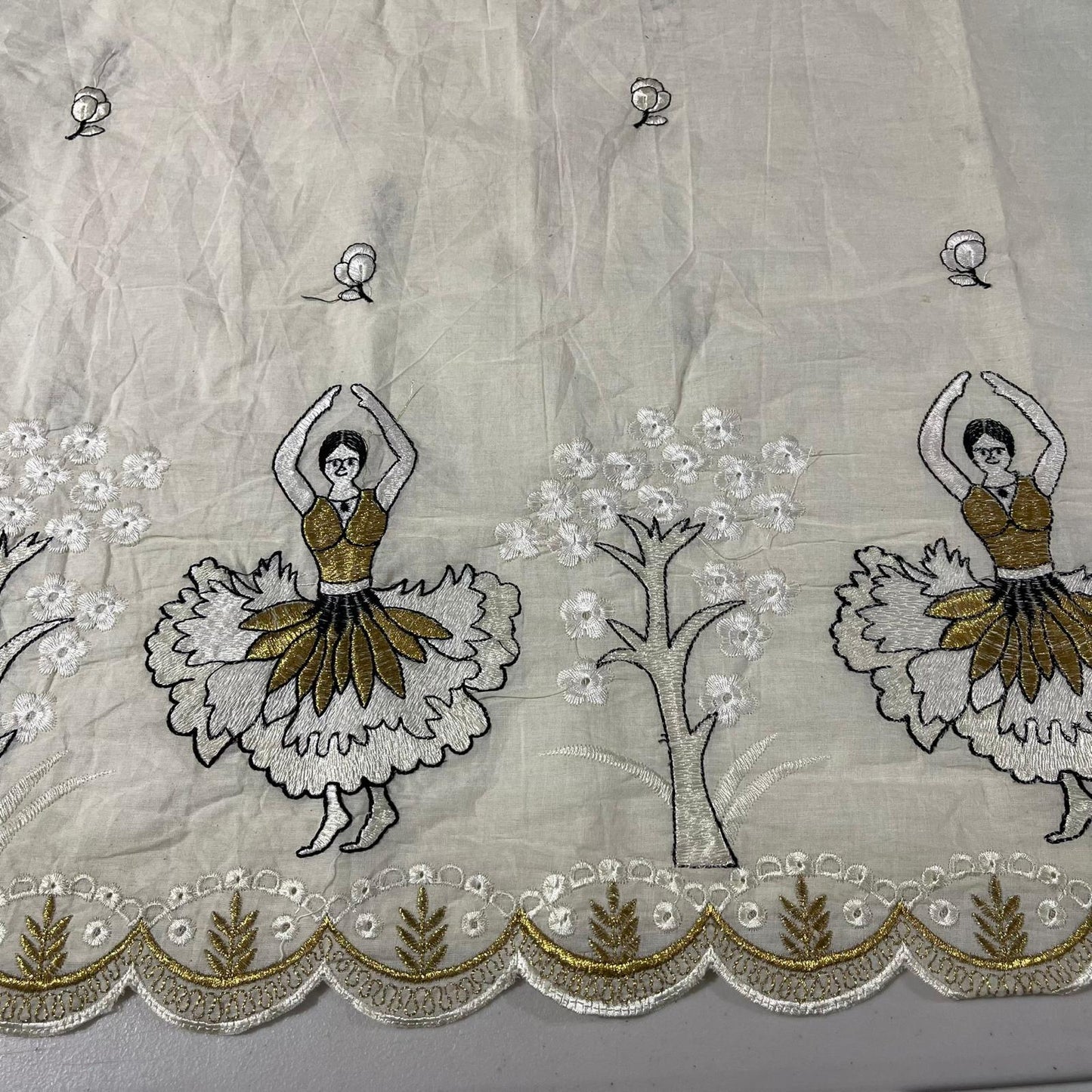 Cotton Embroidery Fabric Floral Golden Zari Metallic Dress Craft Material 44" Wide