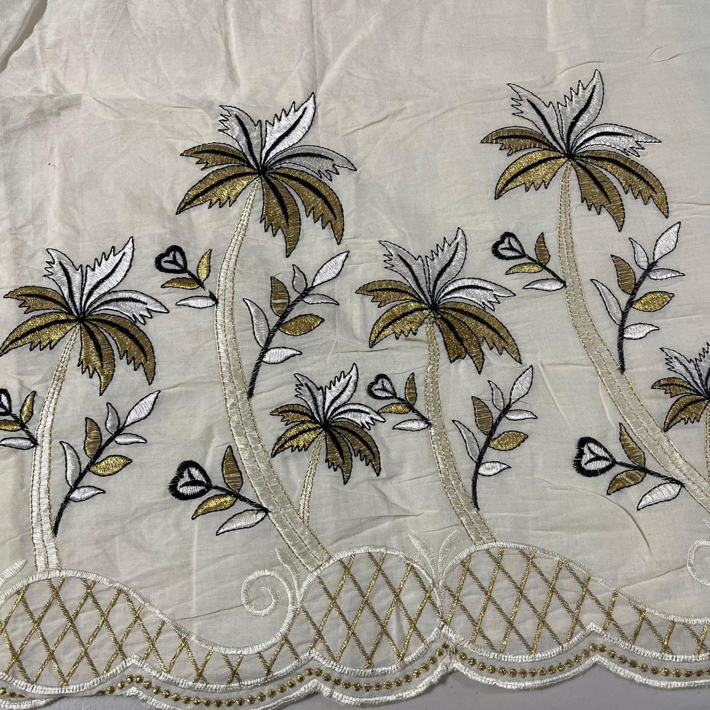 Cotton Embroidery Fabric Floral Golden Zari Metallic Dress Craft Material 44" Wide