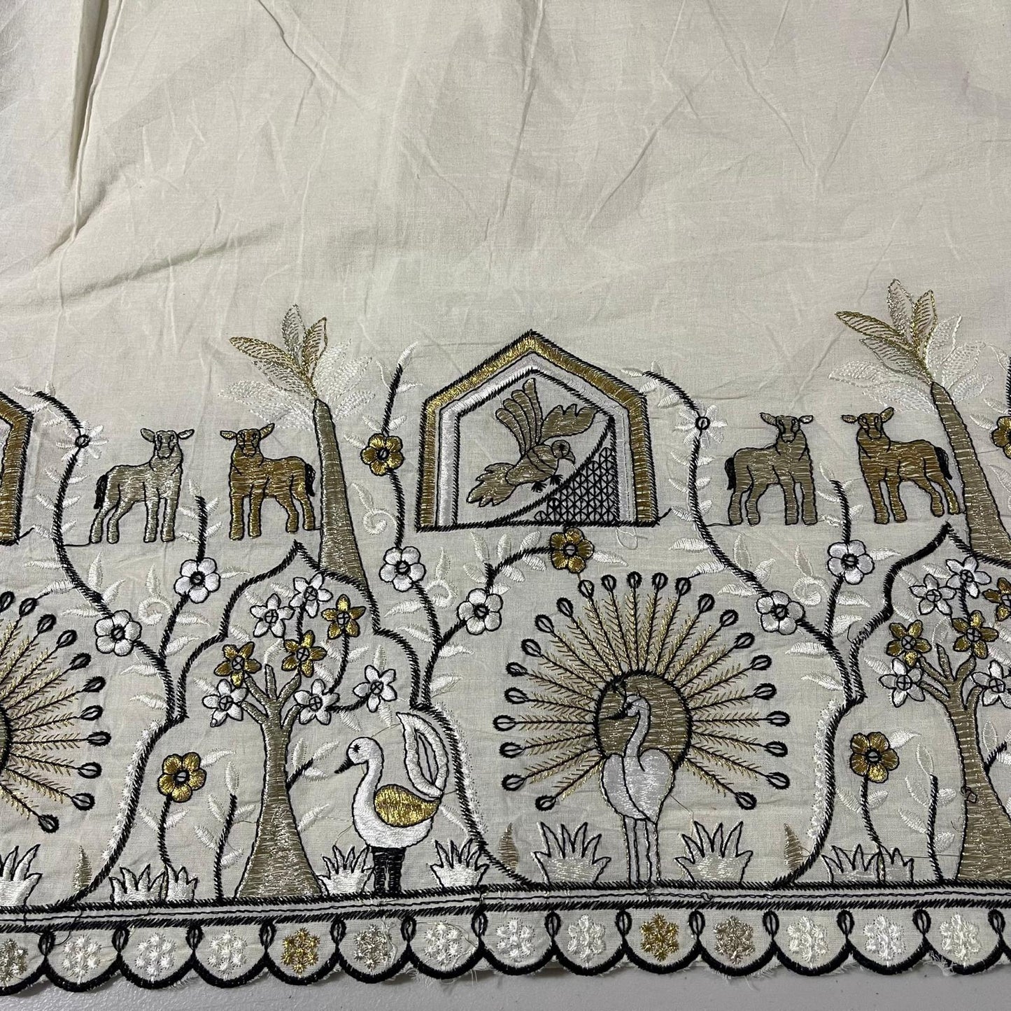 Cotton Embroidery Fabric Floral Golden Zari Metallic Dress Craft Material 44" Wide