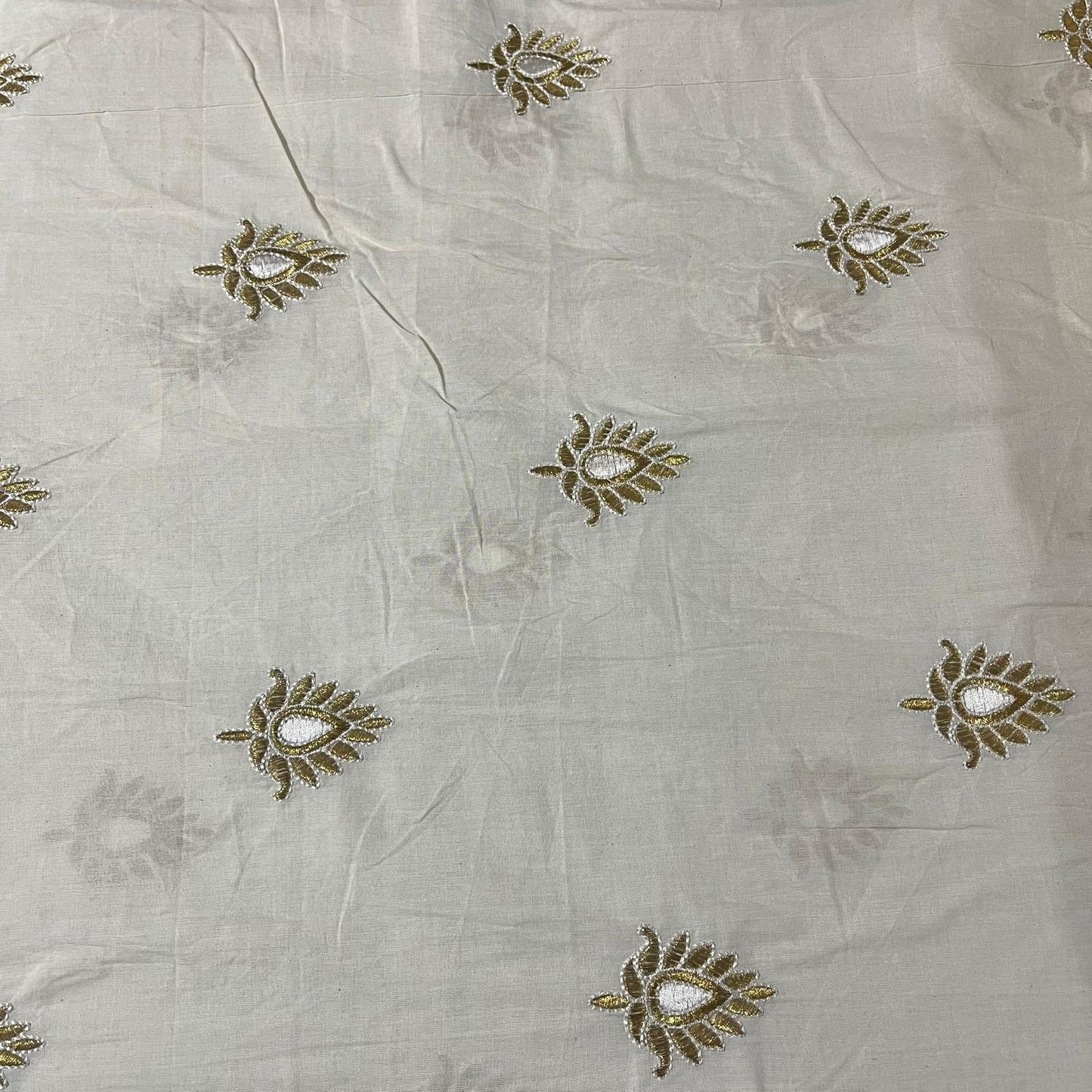 Cotton Embroidery Fabric Floral Golden Zari Metallic Dress Craft Material 44" Wide