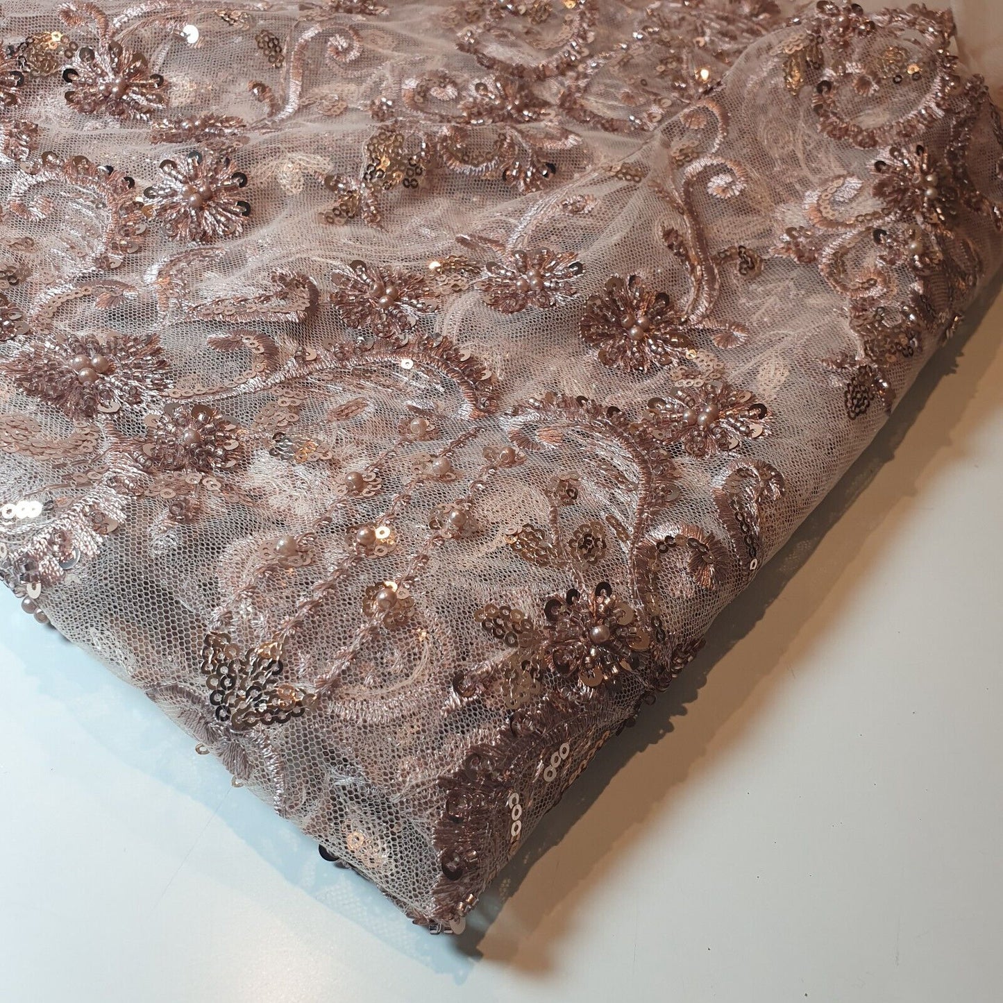 WINTER PINK FLORAL Premium Mesh Netzstoff Floral Diamante Stickerei Kleid Bastelstoff 58" Meterware