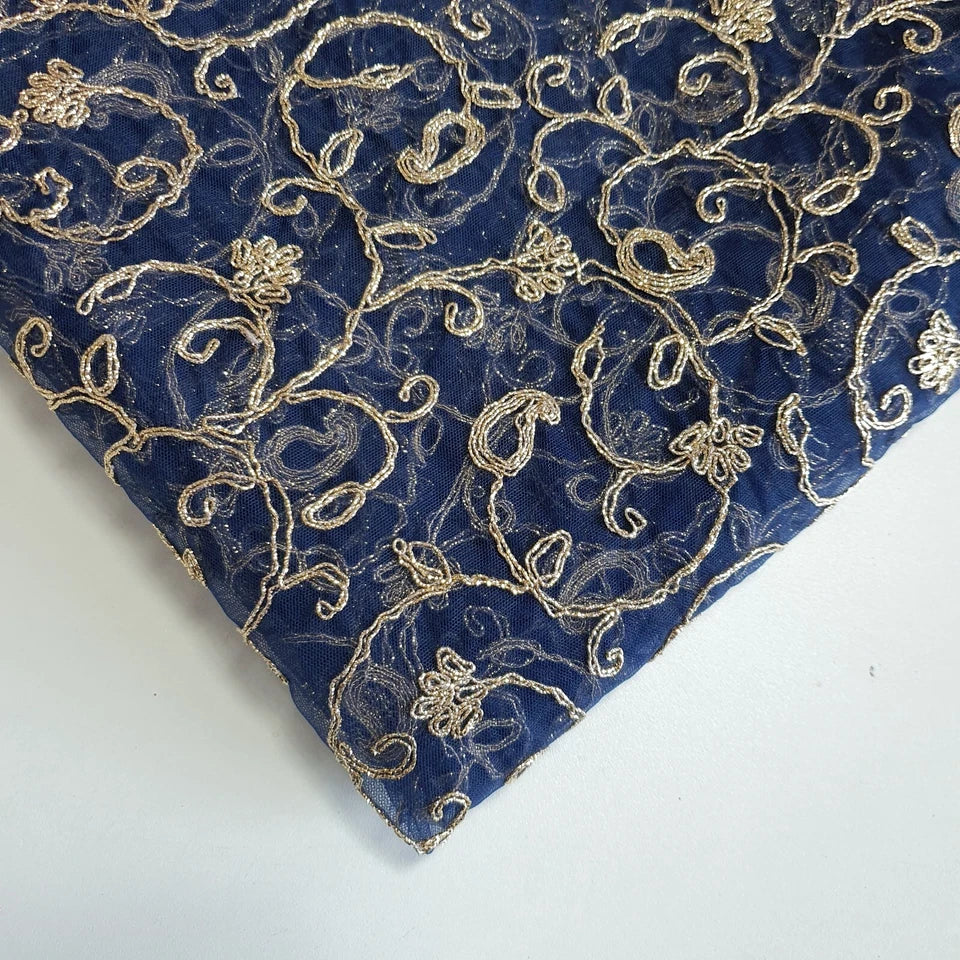 Navy Blue Elegant Embroidered Net Fabric with Metallic Thread Work 44" By The Meter