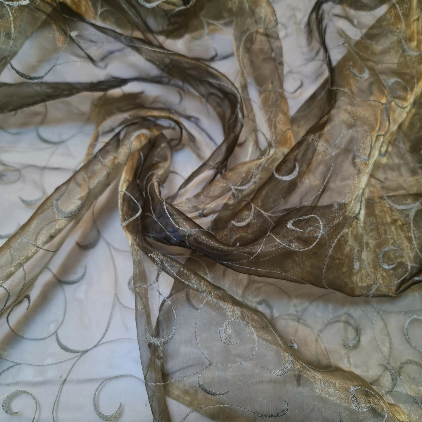 Olive Green Floral Embroidered Organza Fabric 90" Wide Sheer Dress Drape Wedding Material By Meter