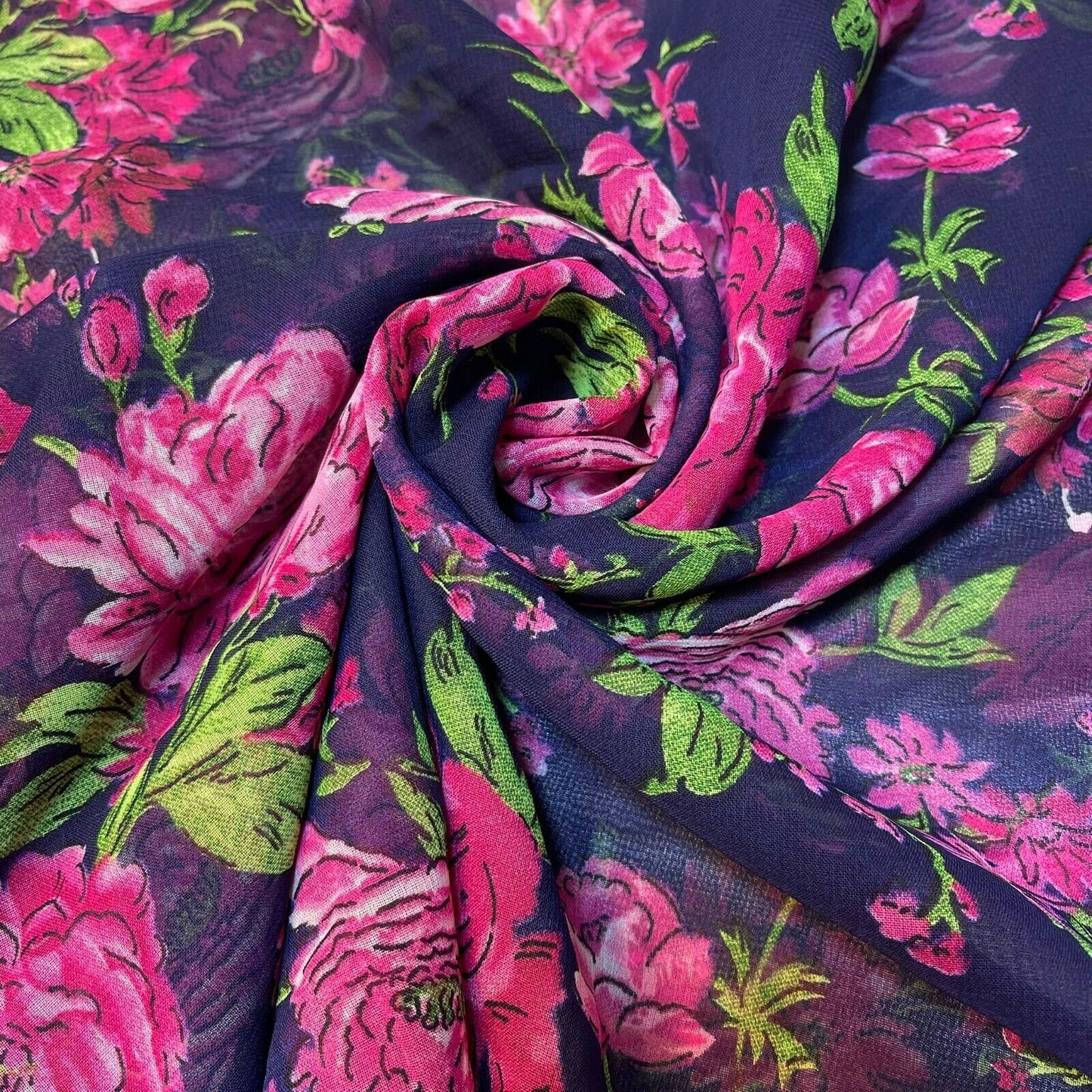 Floral Chiffon Fabric – Pink on Navy | 44" Wide | Sold by the Metre