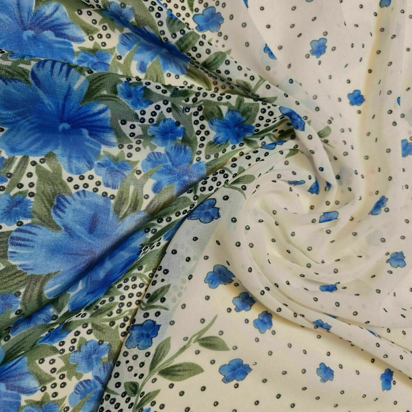 Blue Floral Chiffon Fabric – Lightweight Printed Dress Fabric | 44" Wide | Sold by the Metre