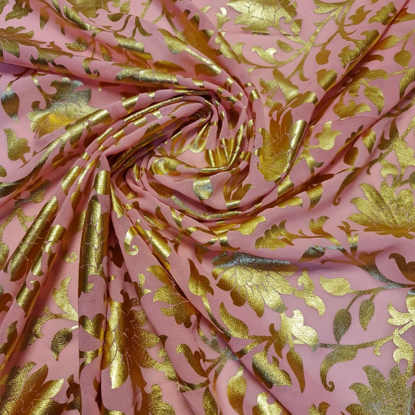 Baby Pink Floral Gold Foil Print Sheer Moss Crepe Dress Craft Drape Fabric Material 44" By The Meter