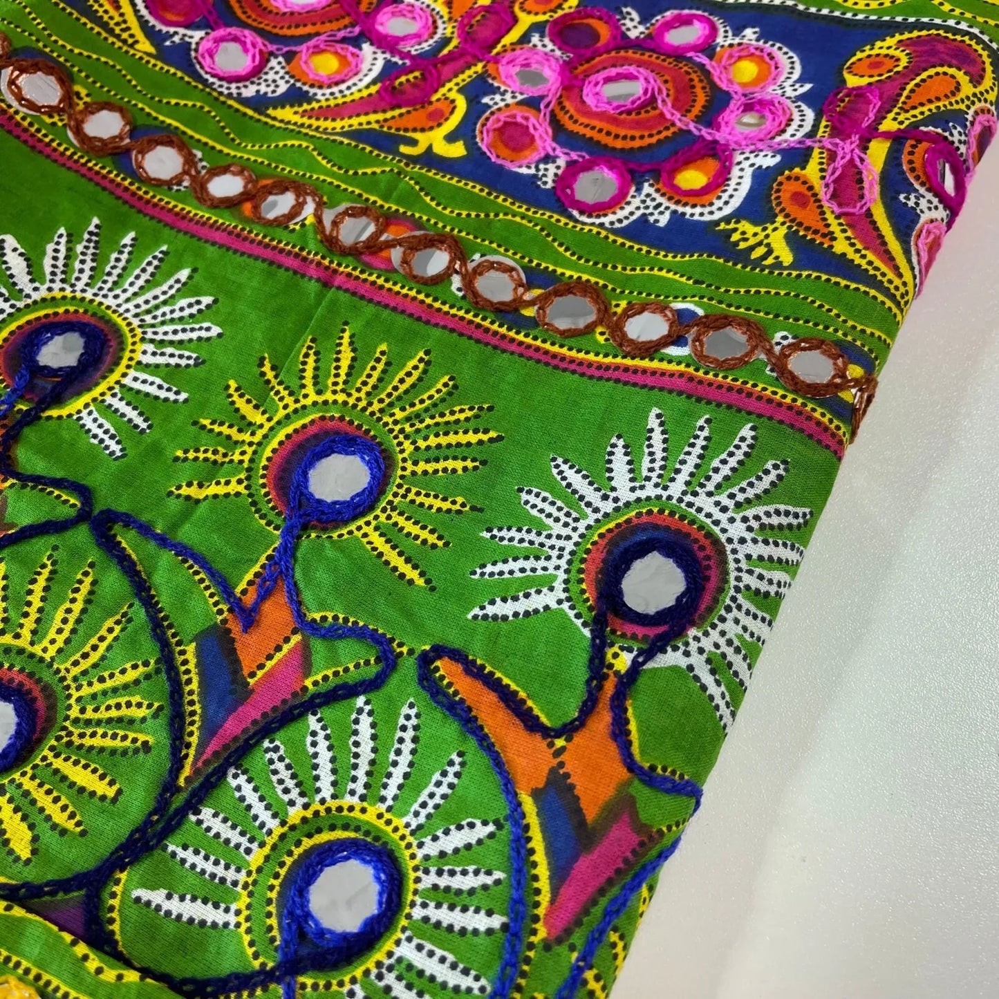Green Cotton Lawn Indian Ethnic Mirror Embroidery Rangoli Boho Banjara Fabric 44″