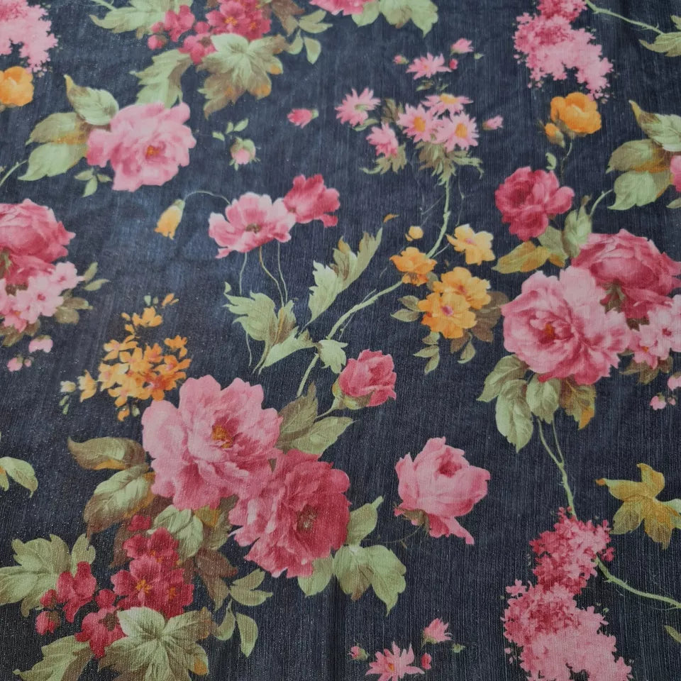 Schwarzer Crêpe-Chiffon, Blumenmuster, Lurex, durchsichtiger Kleiderstoff, Drapierung, Bastelstoff, 147,3 cm, Meterware