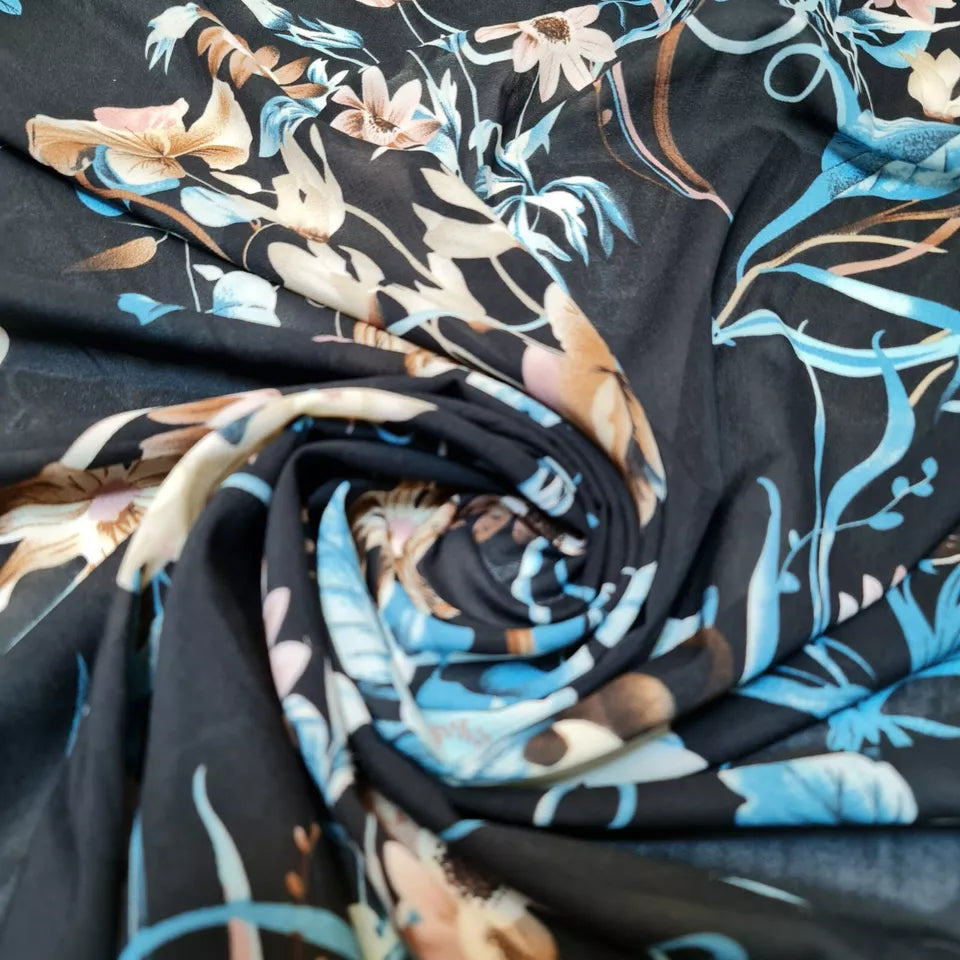 Schwarzer Kreppstoff mit Blumenmuster, weicher Polyesterstoff zum Drapieren, 147,3 cm, Meterware