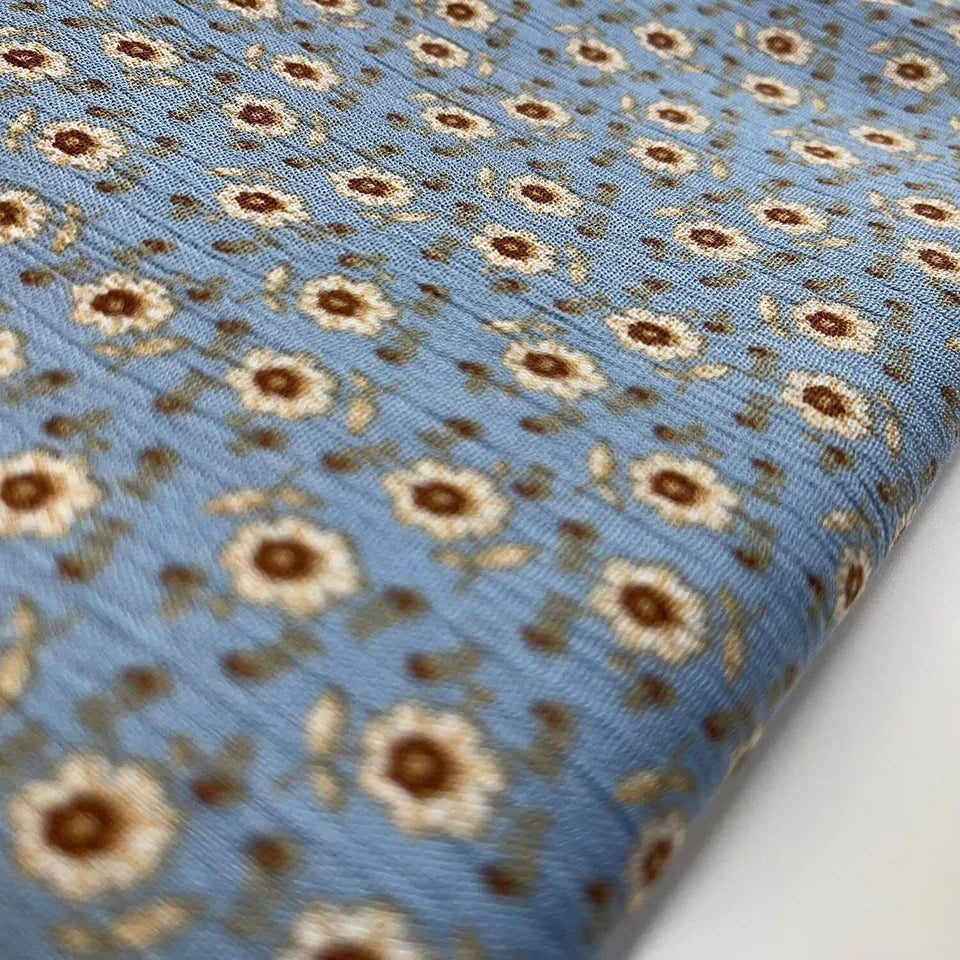 Sky Meadow Crinkle Viscose Fabric – Blue Ditsy Floral Drapey Dress Fabric | Lightweight Soft Material 58” Wide by the Meter
