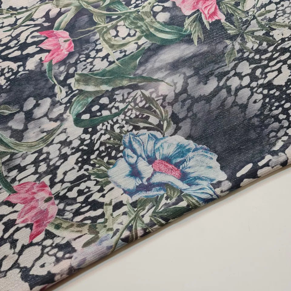 Anthrazitgrauer Krepp-Chiffon-Stoff mit Blumenmuster, Lurex, durchsichtig, für Kleider, Drapierungen, Bastelstoff, 147,3 cm, Meterware