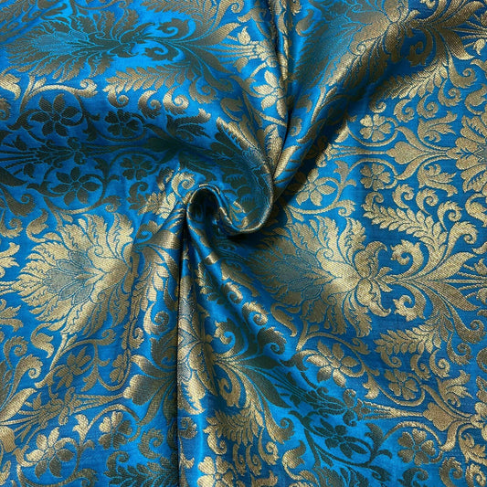 blue silk brocade fabric for dressmaking and crafting